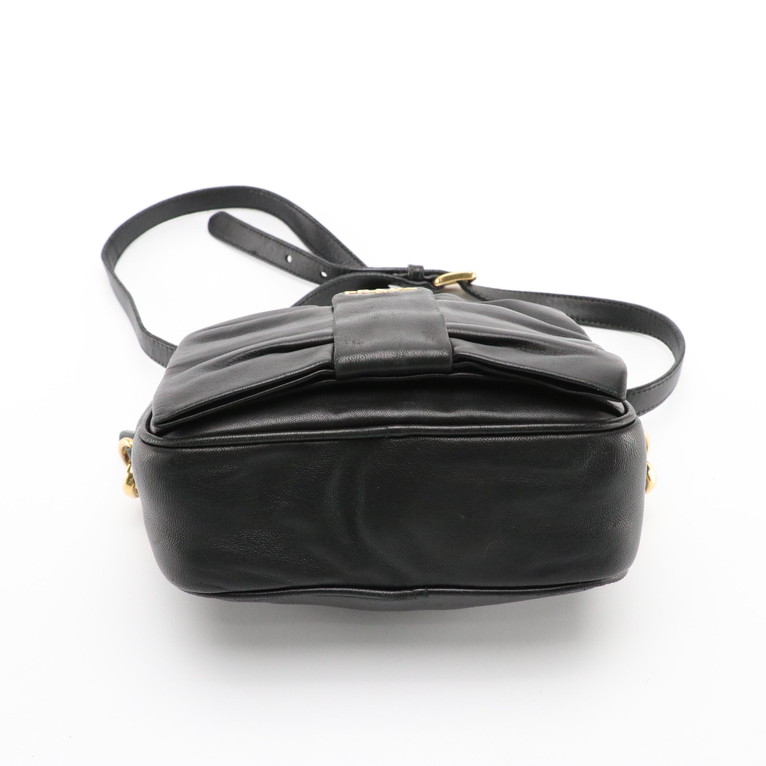 Prada Zippered Crossbody Bow Bag in Black Lambskin Leather