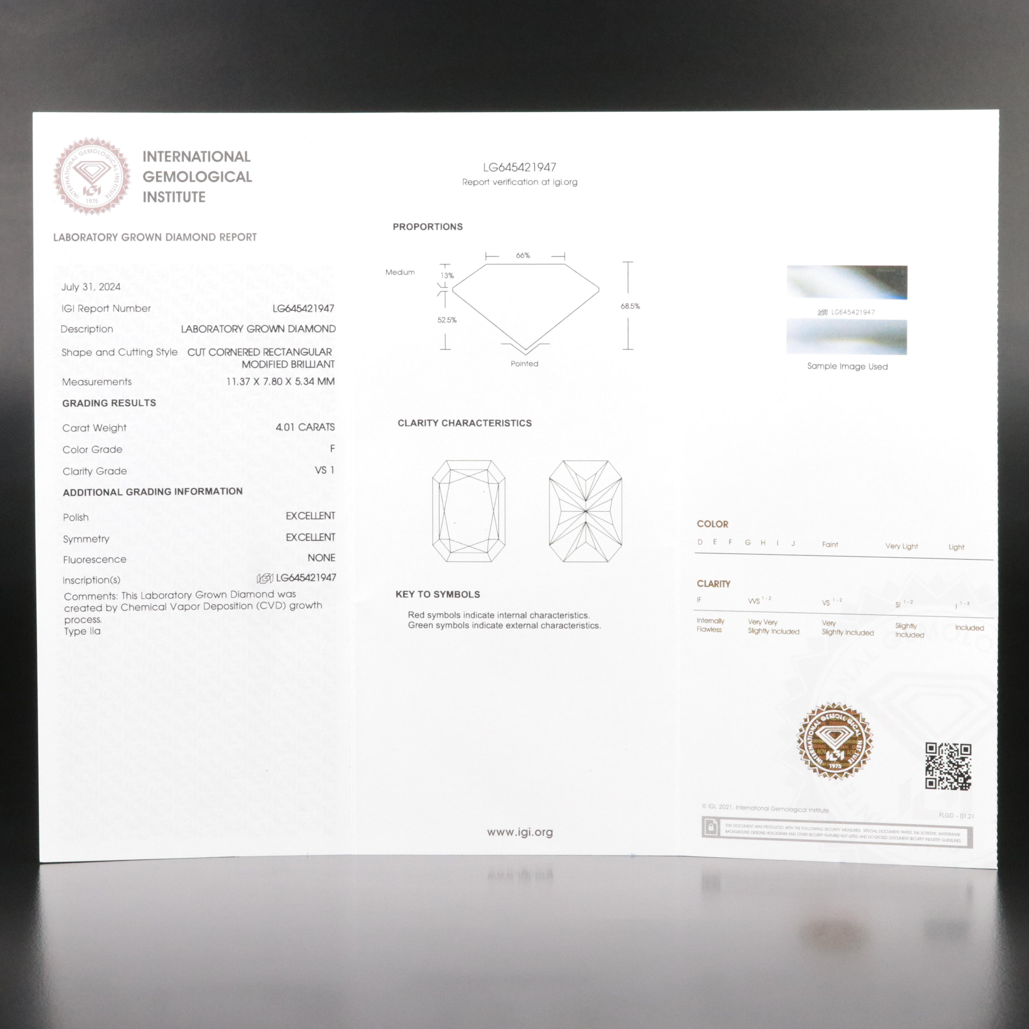 Loose 4.01 CT Lab Grown Diamond with IGI Report