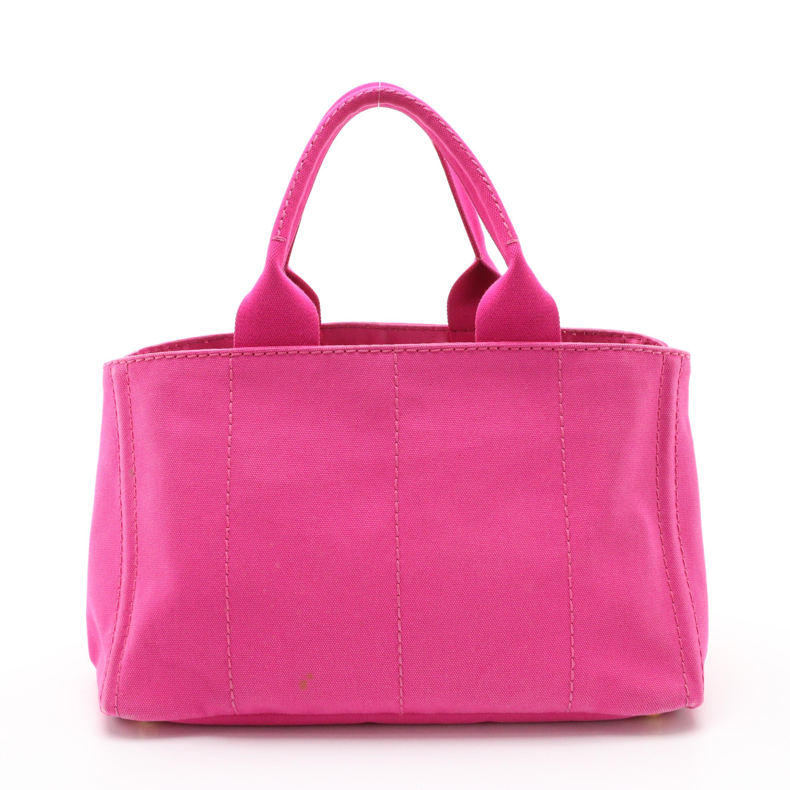 Prada Medium Tote BN1877 in Fuchsia Logo Print Canapa Canvas