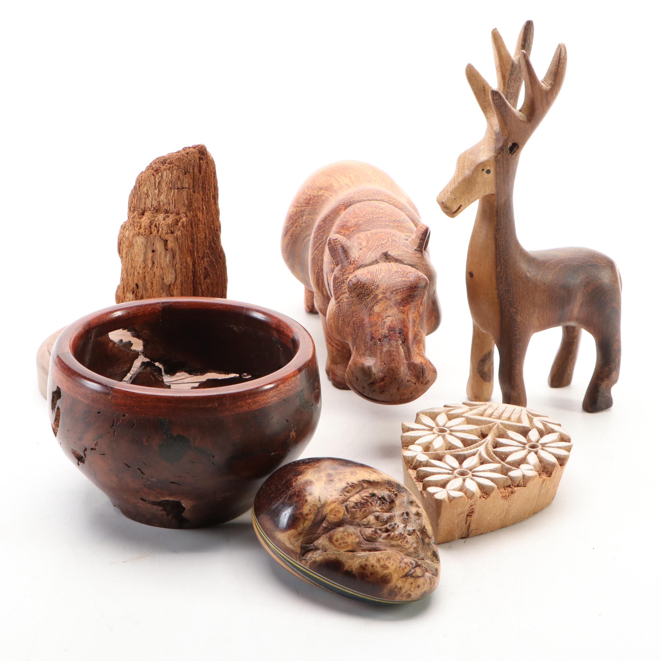 Turned Burl Wood Bowl with Carved Animal Figurines and Other Décor
