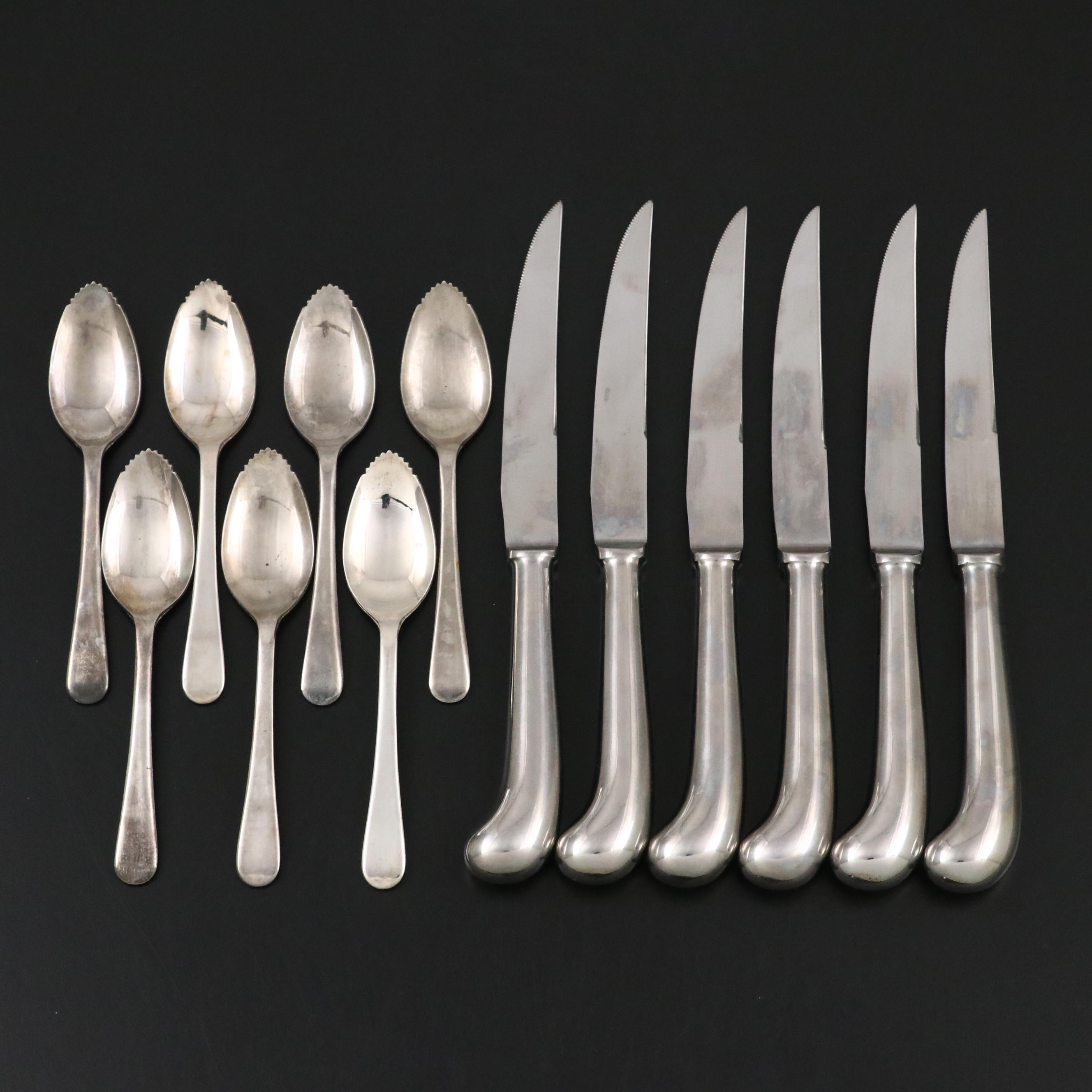 Gentry Stainless Steel Steak Knives and Leonard Silver Plate Grapefruit Spoons