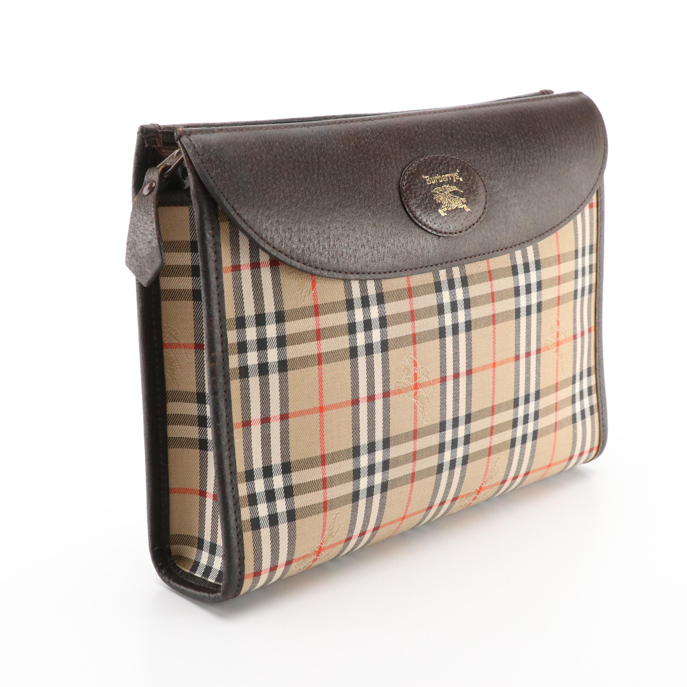 Burberrys Vintage Haymarket Check Canvas and Leather Flap Clutch