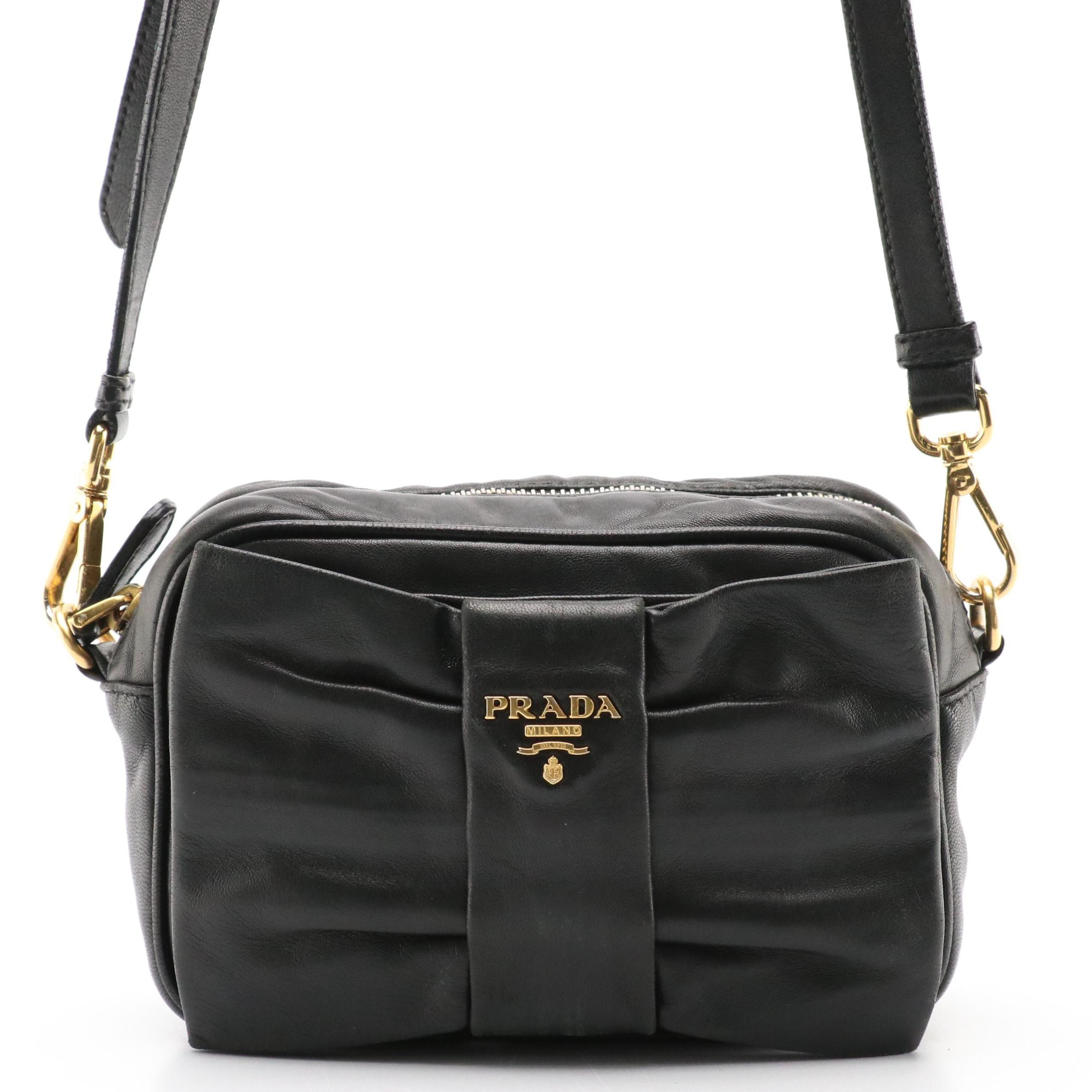 Prada Zippered Crossbody Bow Bag in Black Lambskin Leather