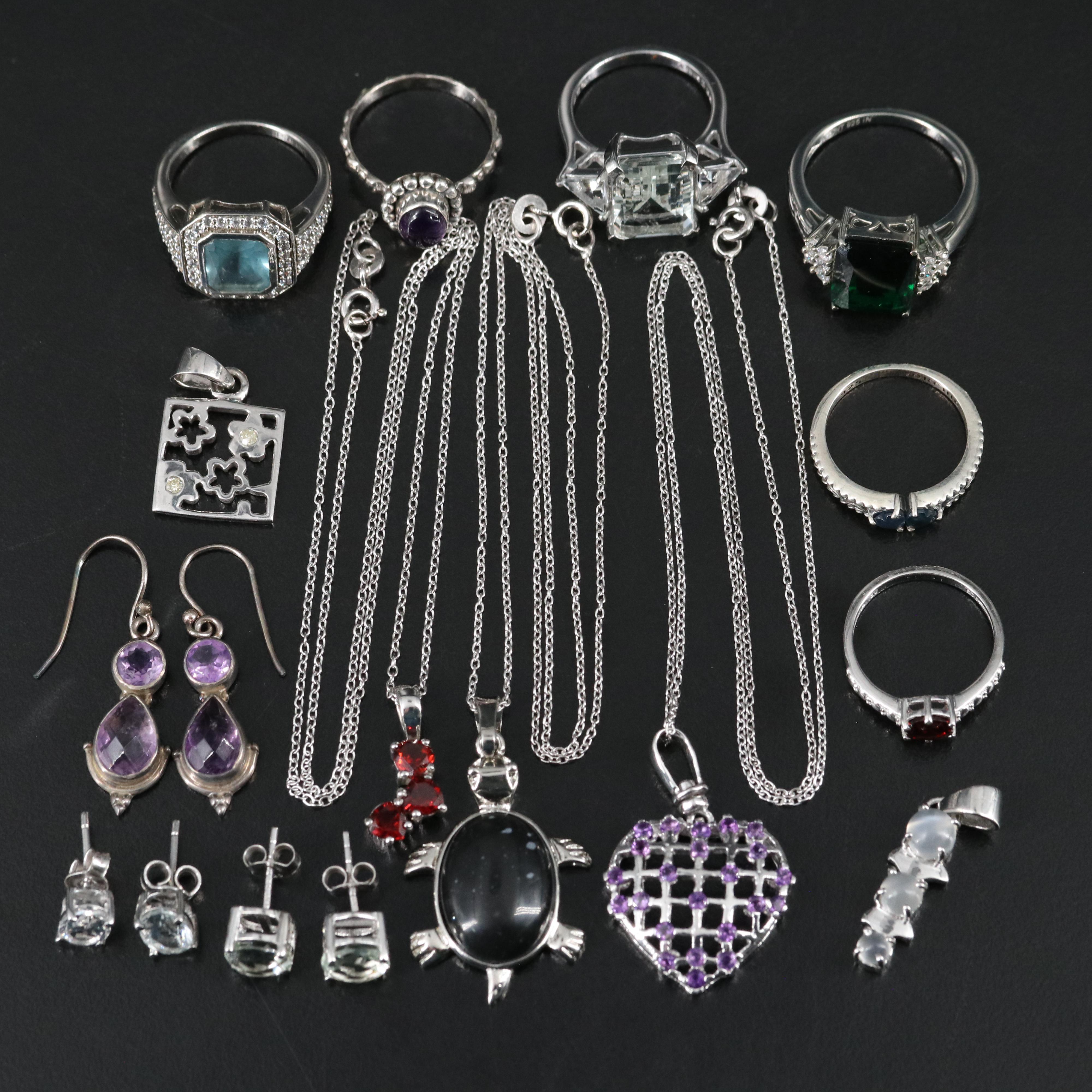 14 Assorted Sterling Silver Rings, Necklaces, Earrings, and Pendants