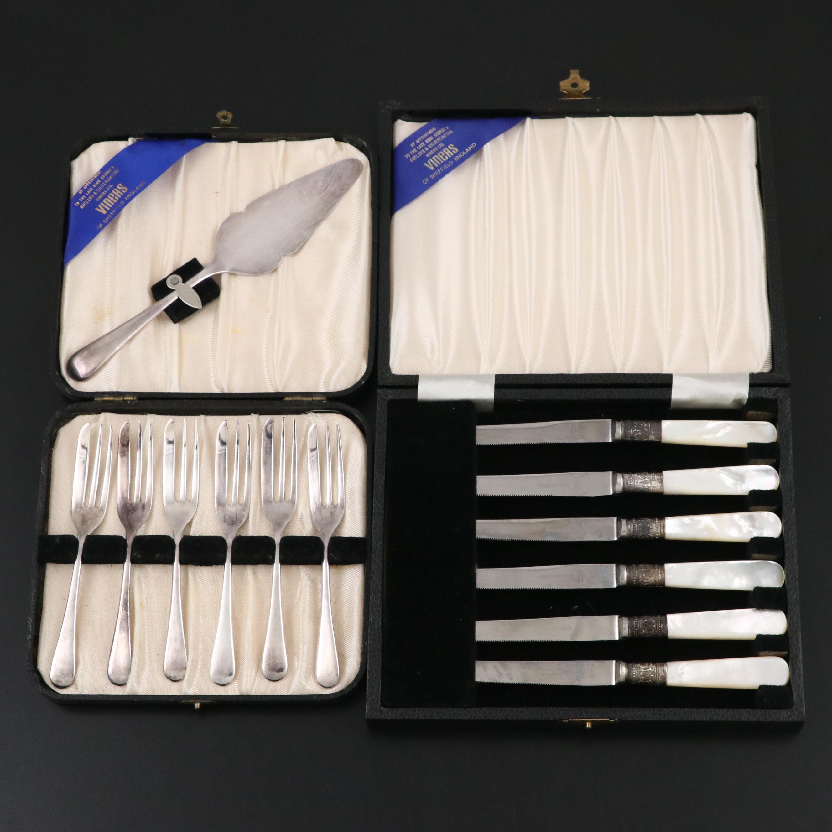 Viners Silver Plated Pastry Forks and Server with Other MOP Handled Fruit Knives