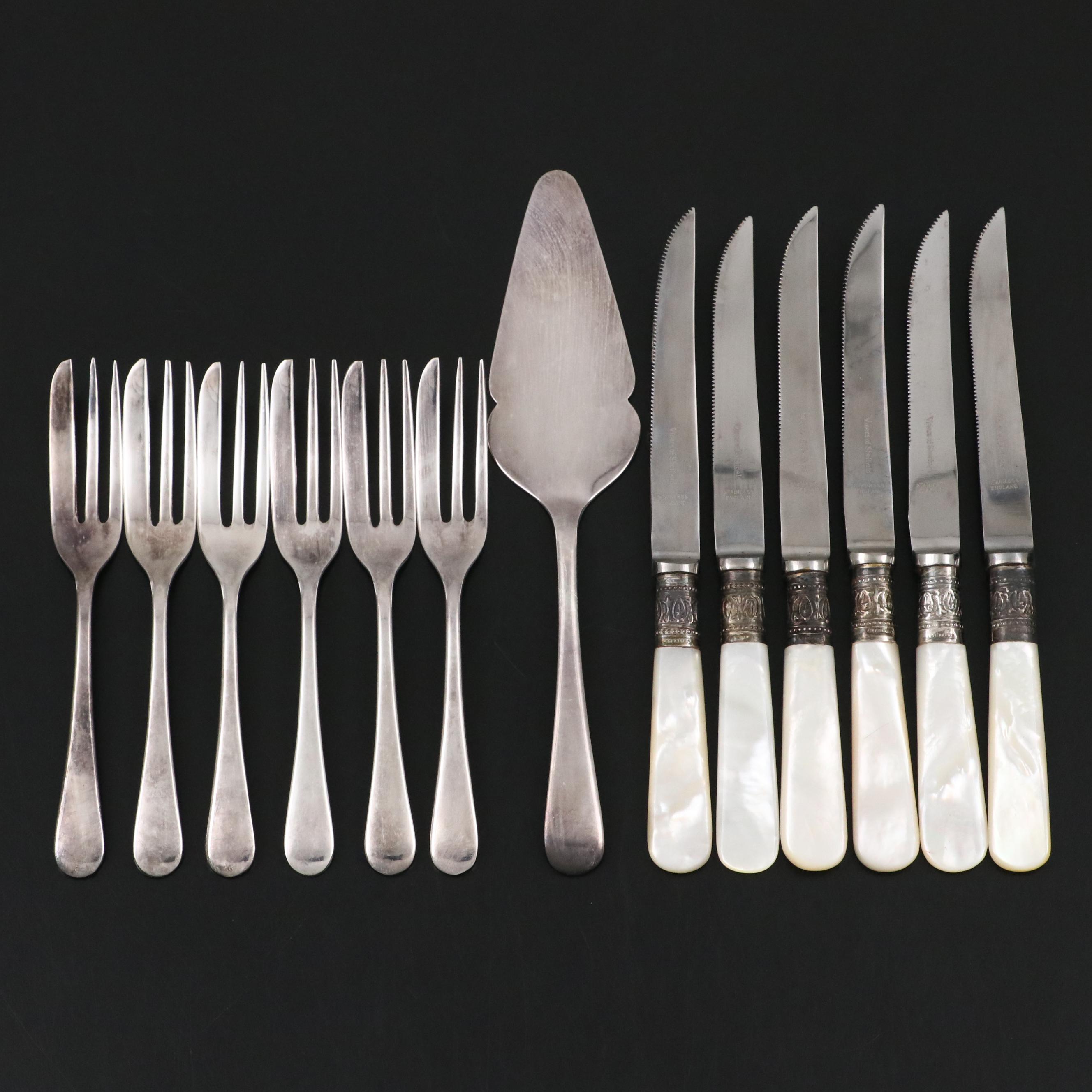 Viners Silver Plated Pastry Forks and Server with Other MOP Handled Fruit Knives
