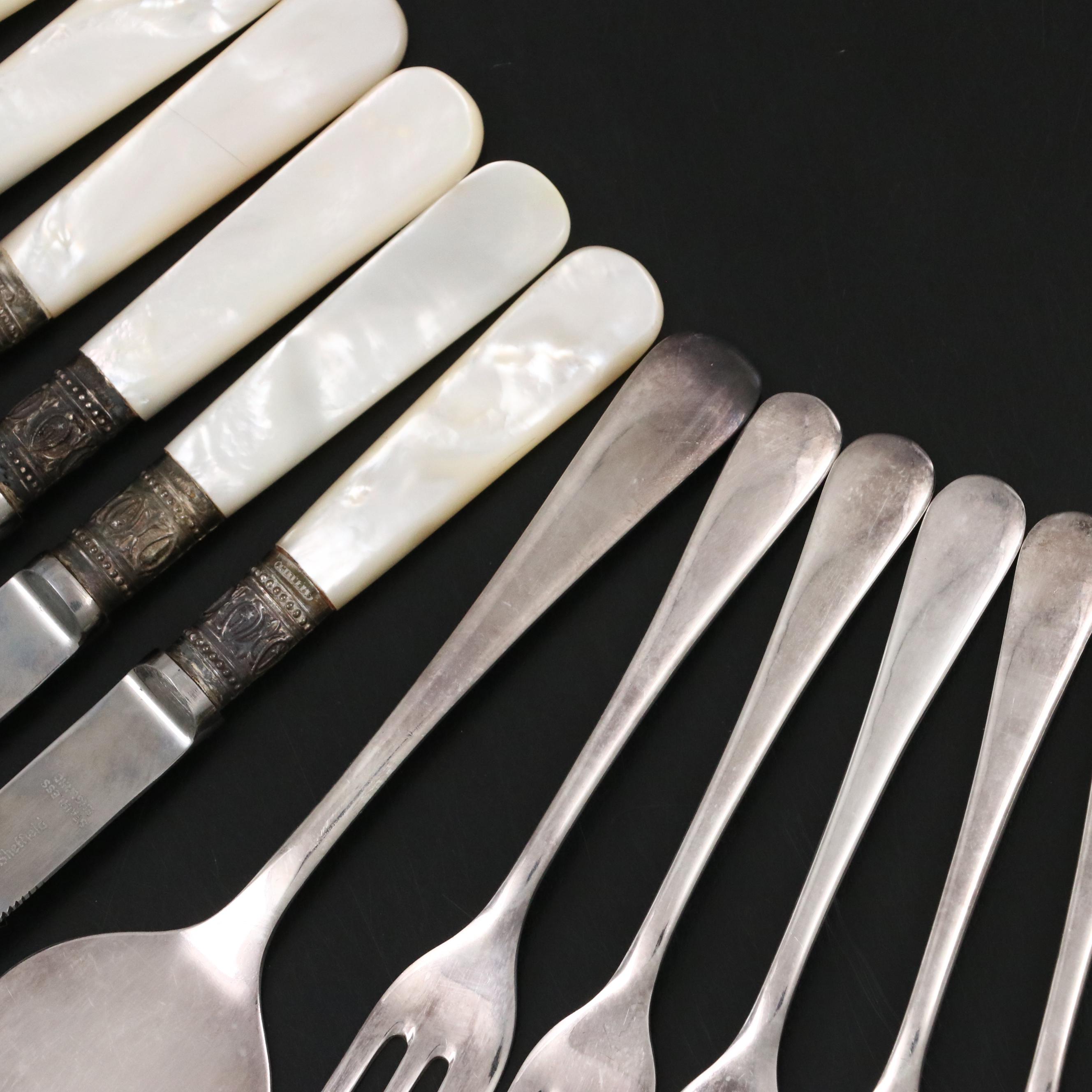 Viners Silver Plated Pastry Forks and Server with Other MOP Handled Fruit Knives