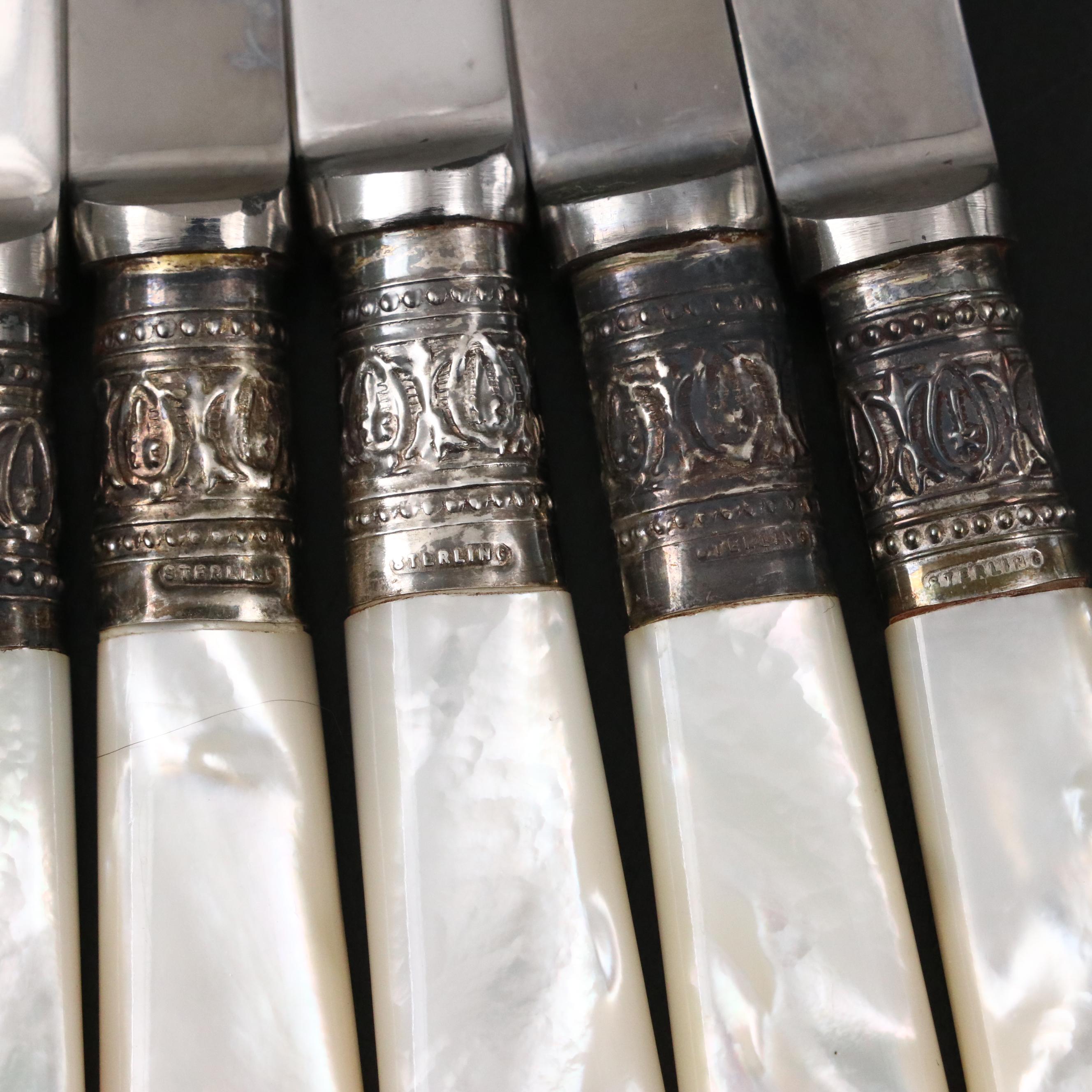 Viners Silver Plated Pastry Forks and Server with Other MOP Handled Fruit Knives