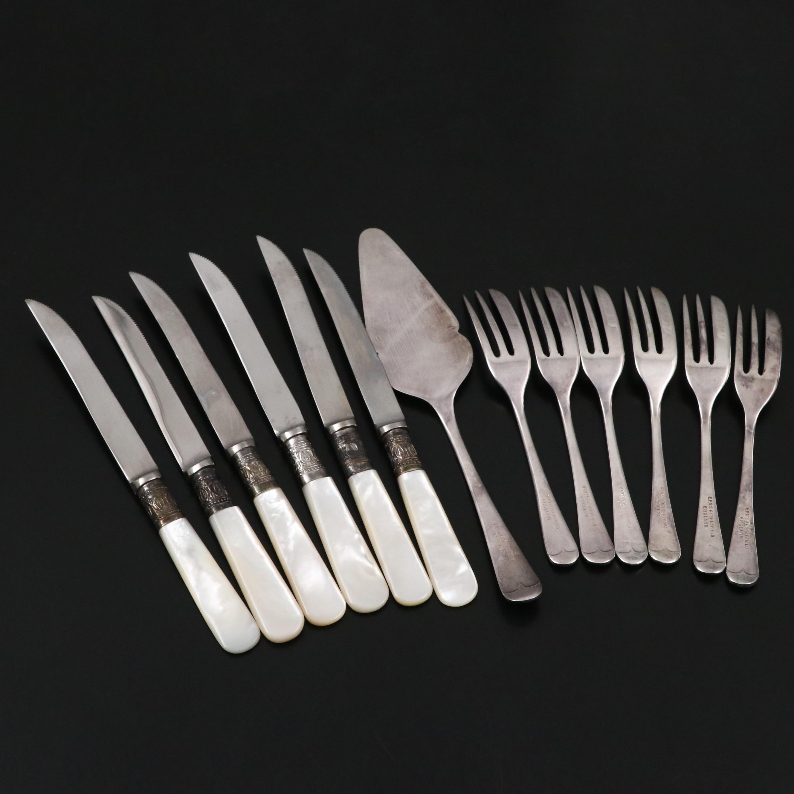 Viners Silver Plated Pastry Forks and Server with Other MOP Handled Fruit Knives