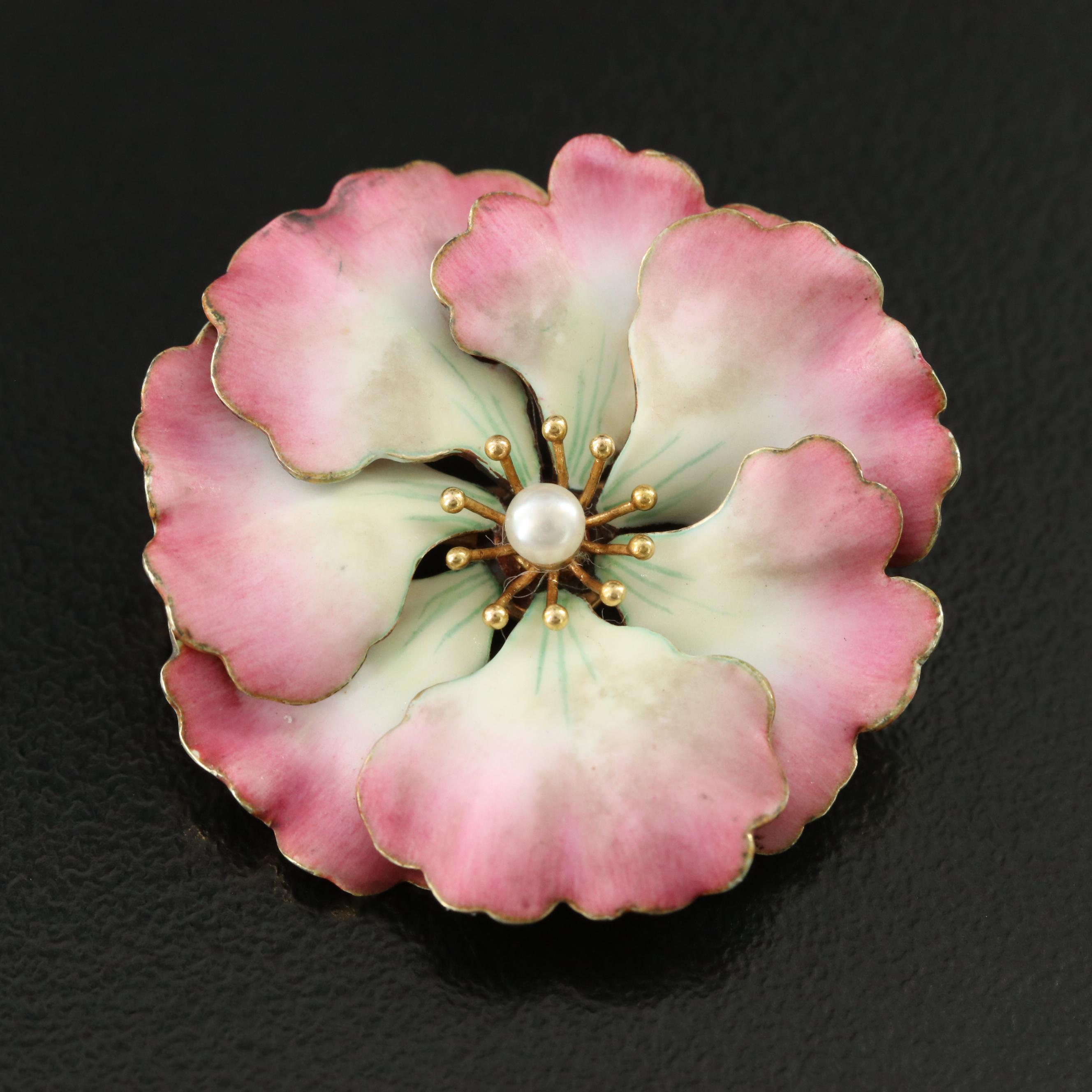 Art Nouveau 14K Pearl and Enamel Flower Brooch