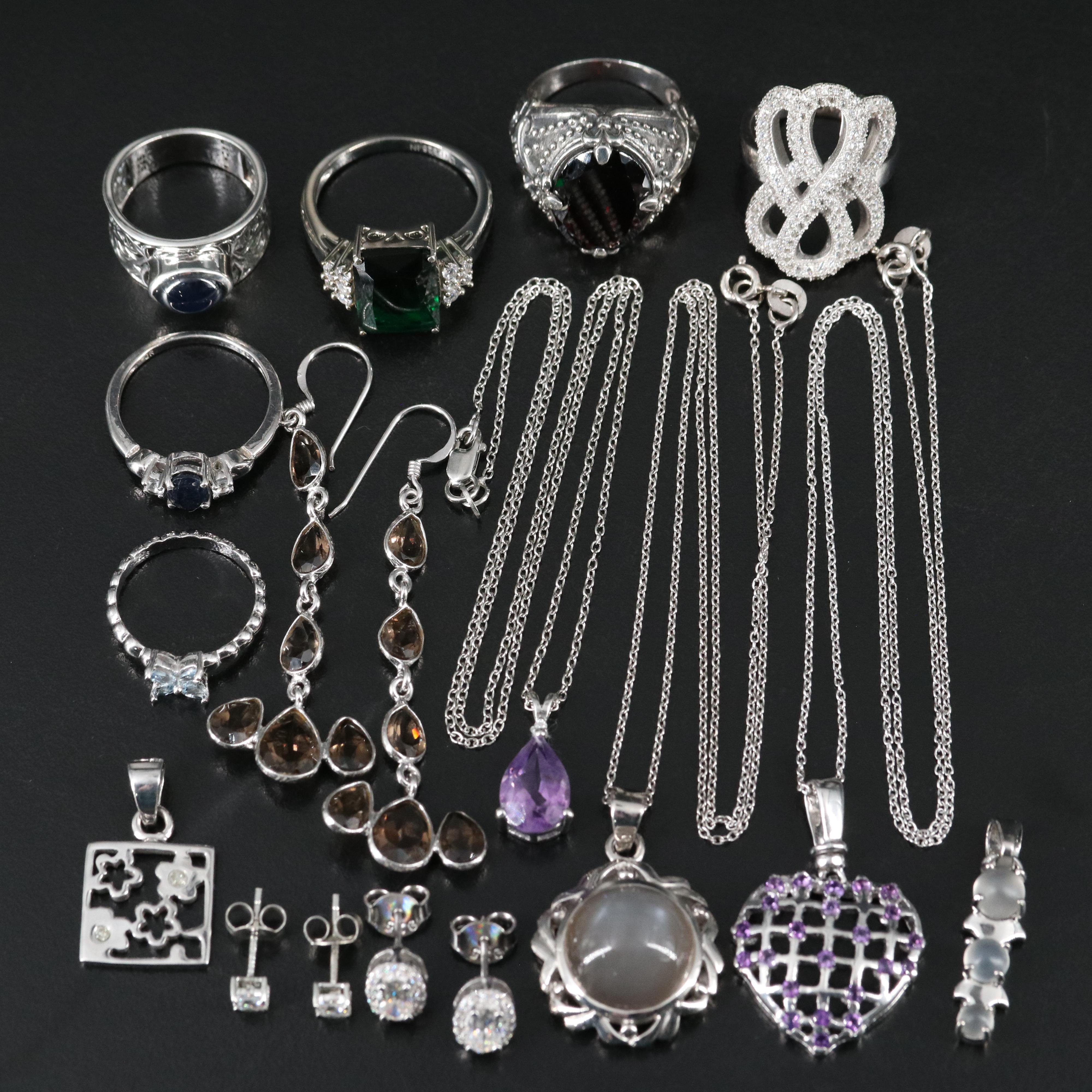 14 Assorted Sterling Silver Rings, Necklaces, Earrings, and Pendants