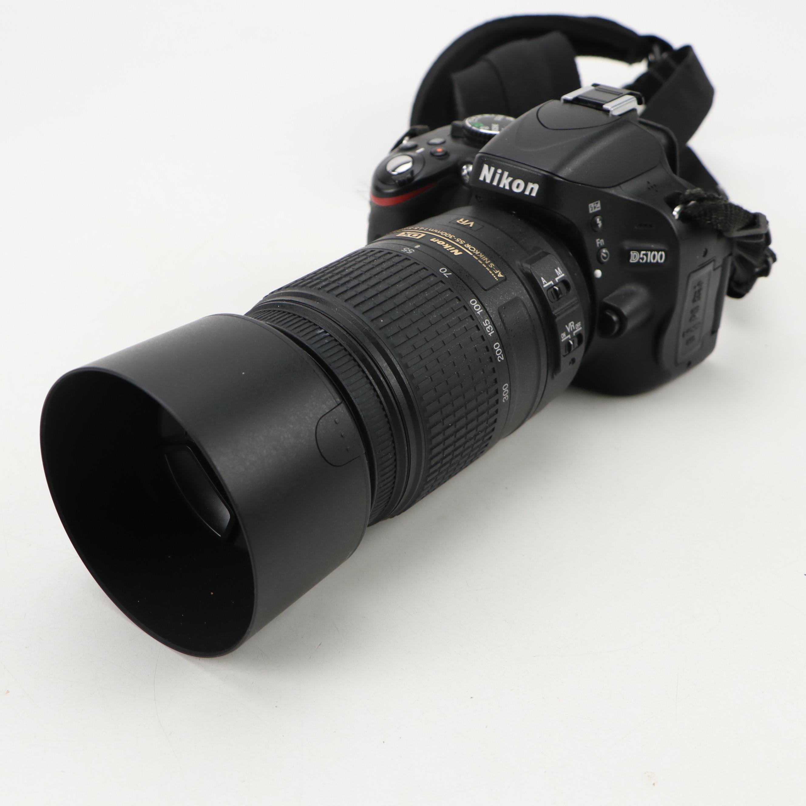 Nikon D5100 SLR Camera with DX AF-S Nikkor 55-300mm Lens, Flash and Bag