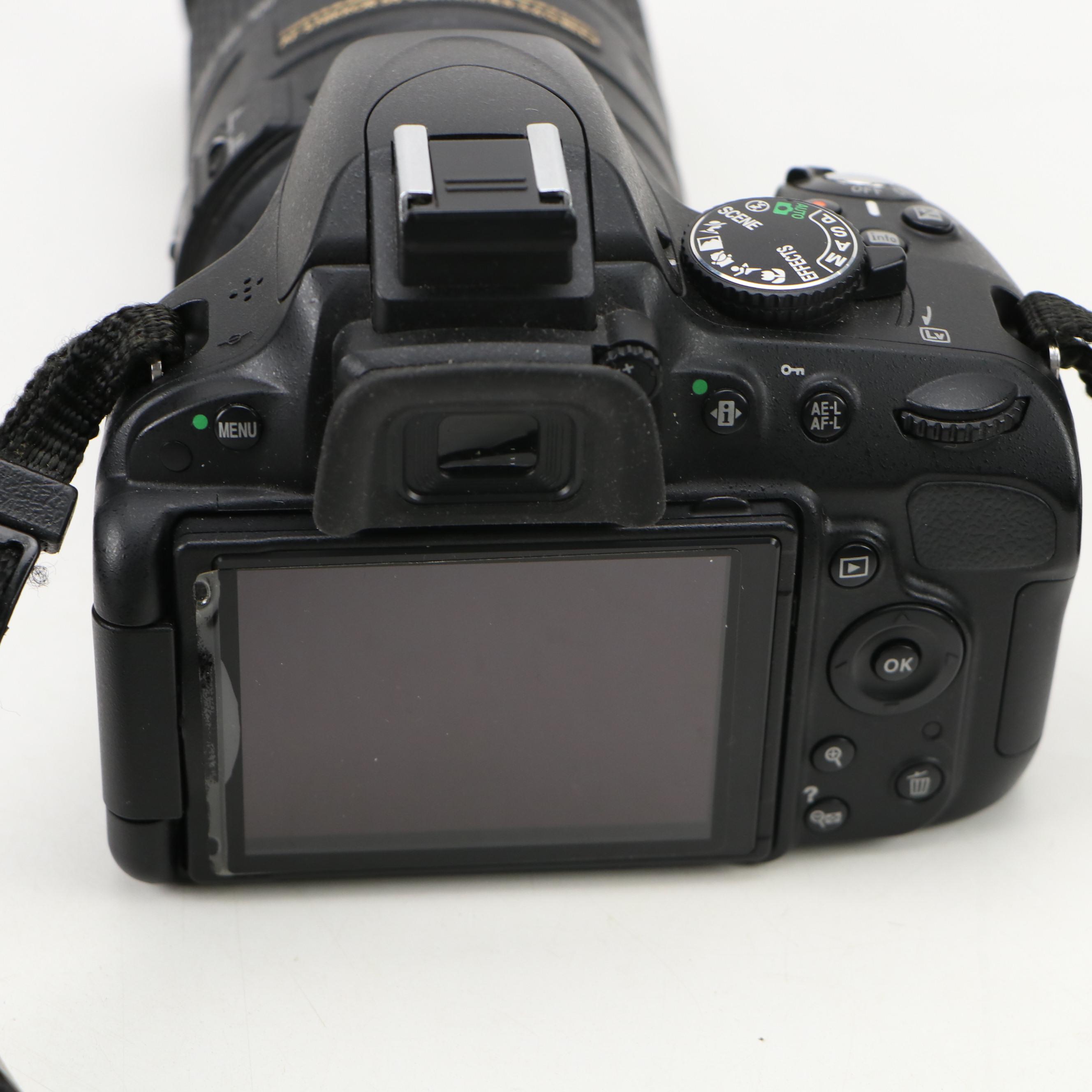 Nikon D5100 SLR Camera with DX AF-S Nikkor 55-300mm Lens, Flash and Bag