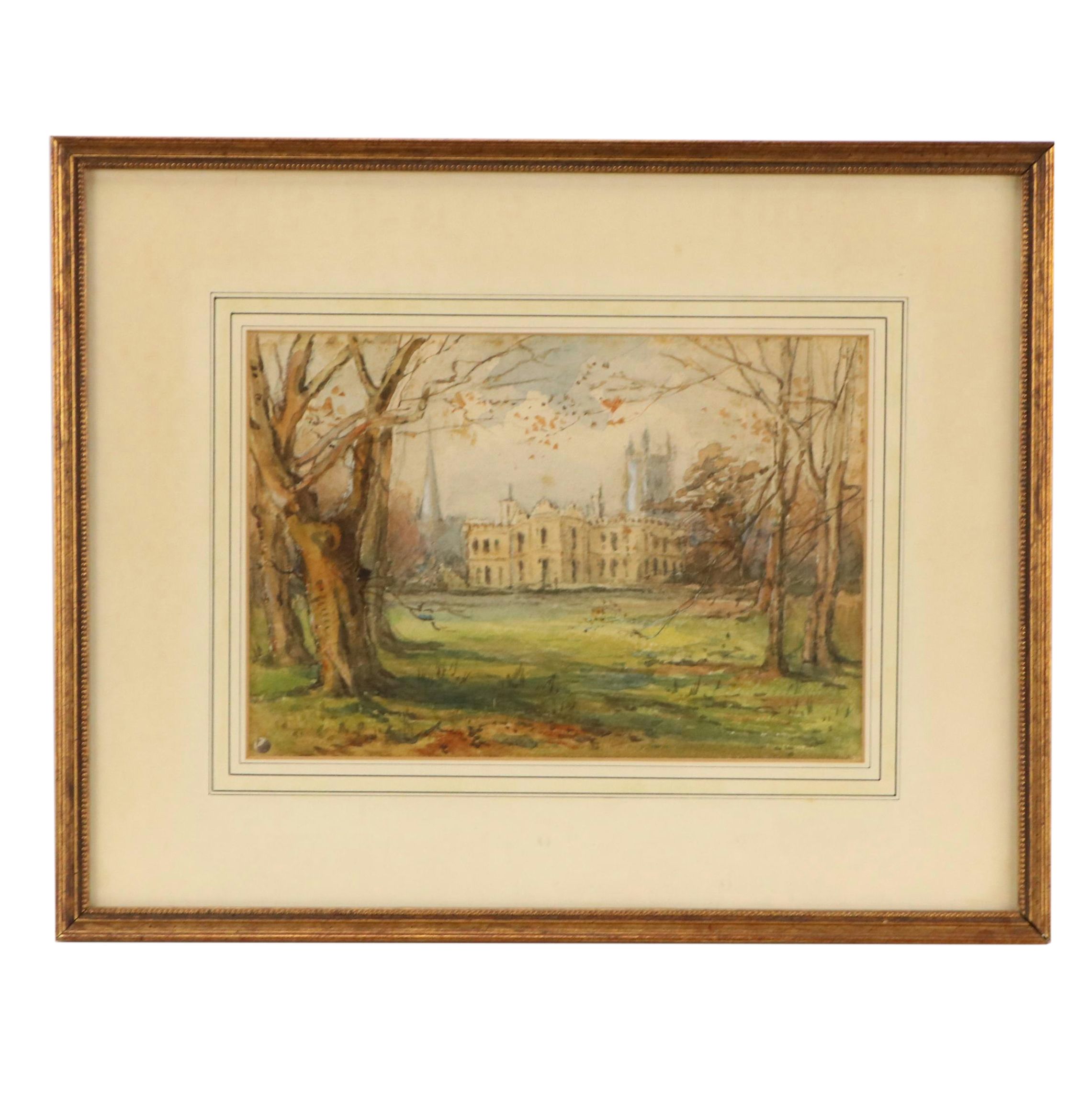 Watercolor and Gouache Painting of British Park with Exterior View