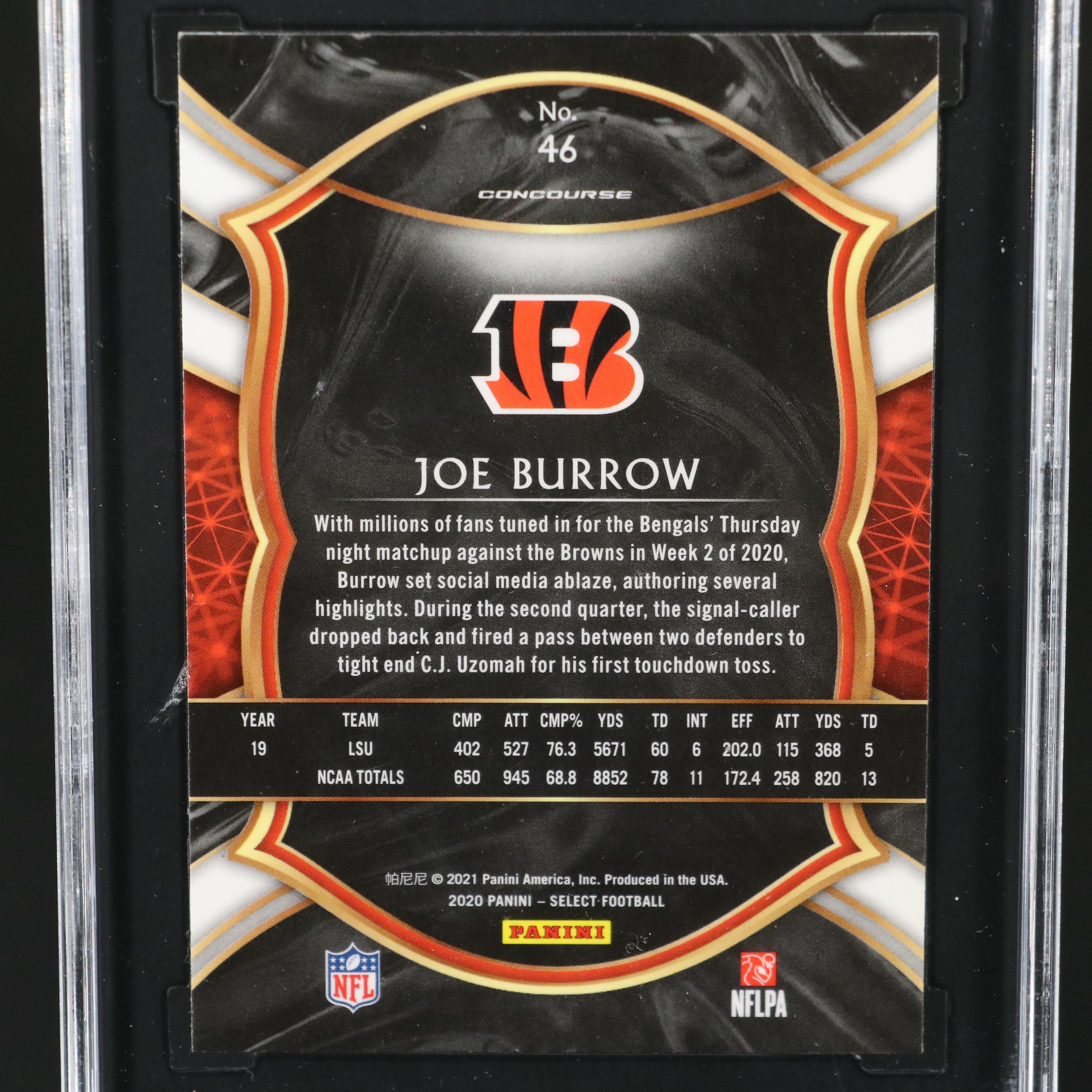 2020 Panini Select Joe Burrow Rookie Football Card Graded SGC 10