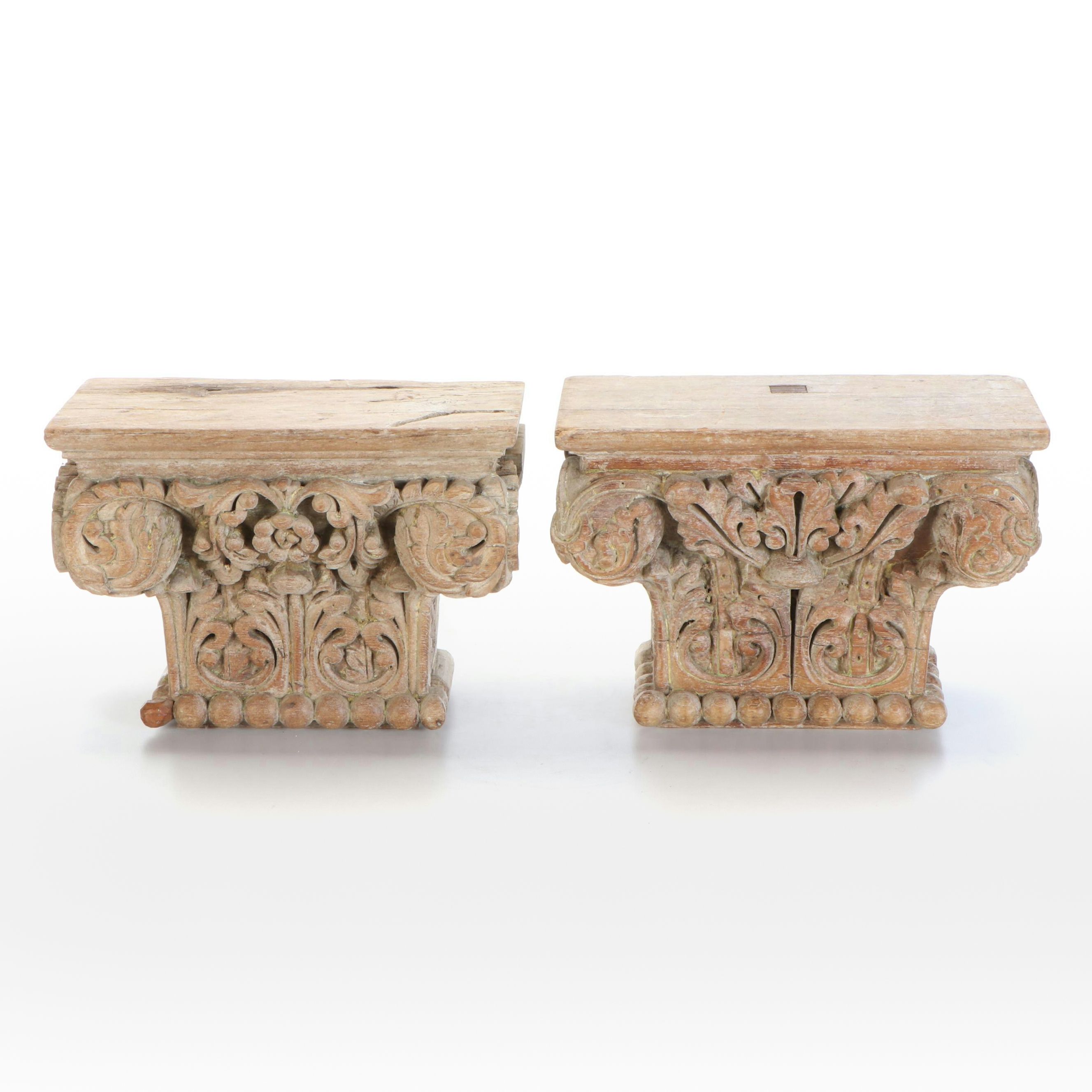 Carved Wooden Foliated Column Capitals Corbels