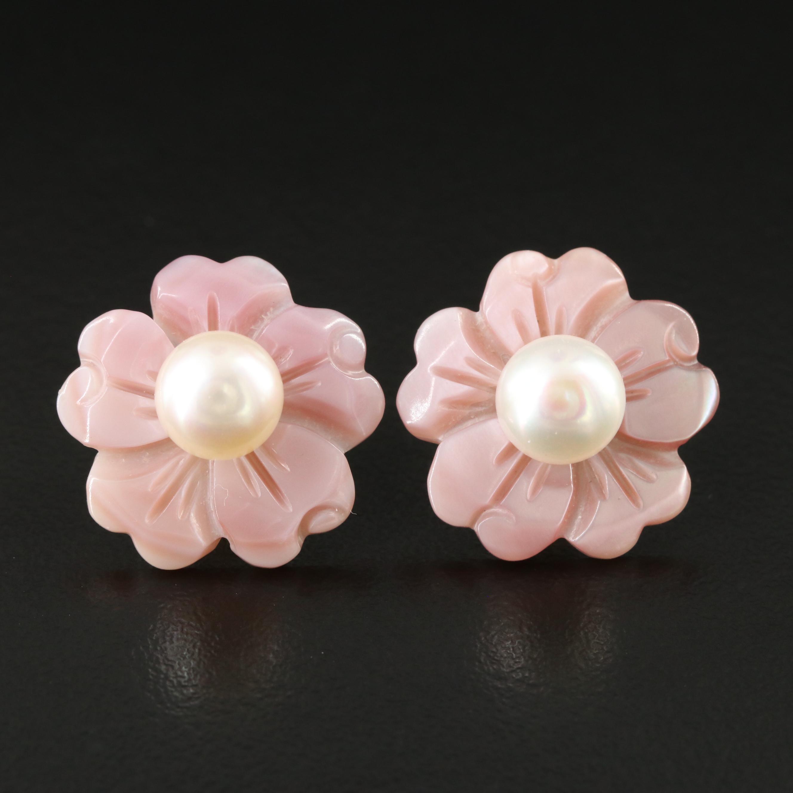 18K Pearl Stud Earrings with Mother-of-Pearl Flower Enhancers