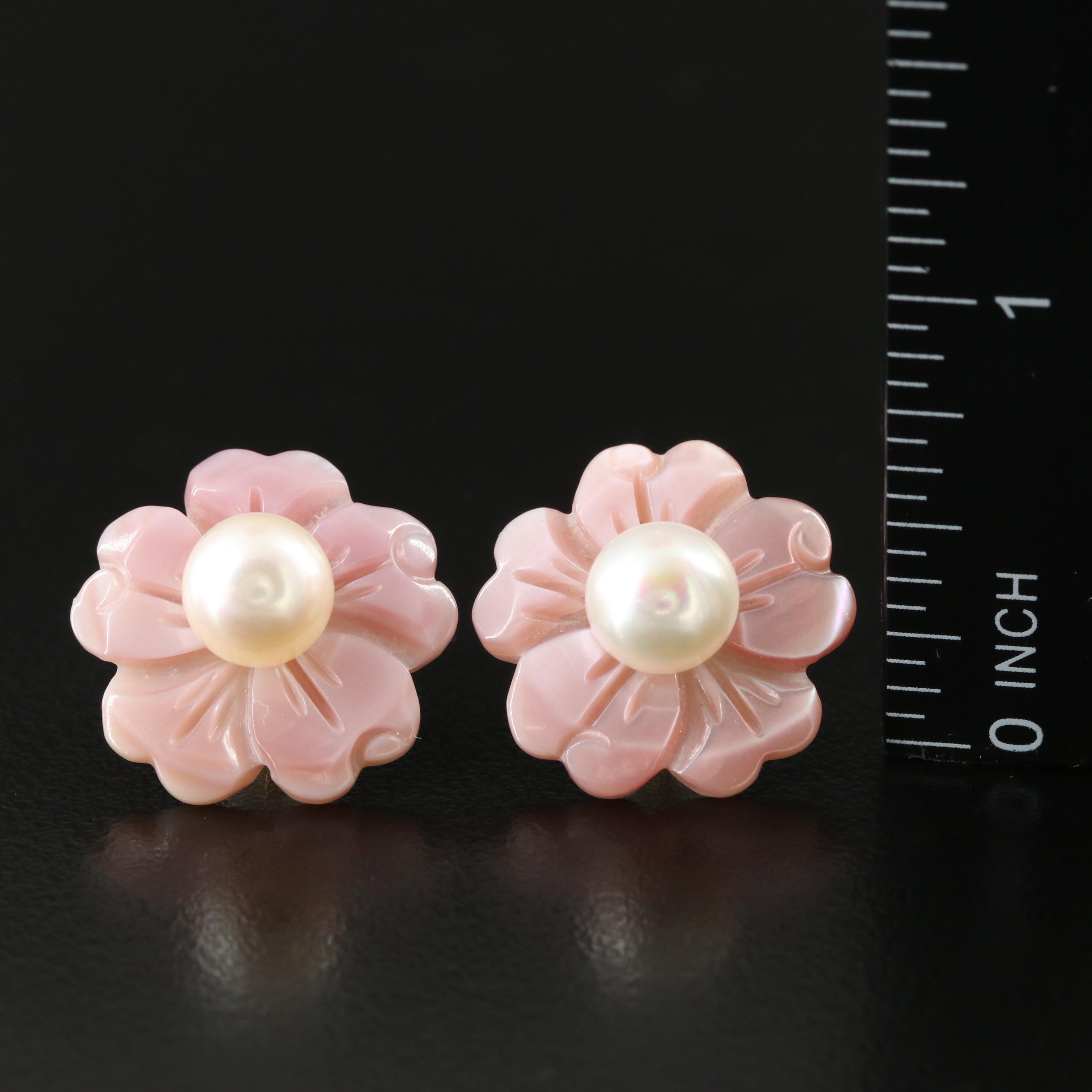 18K Pearl Stud Earrings with Mother-of-Pearl Flower Enhancers