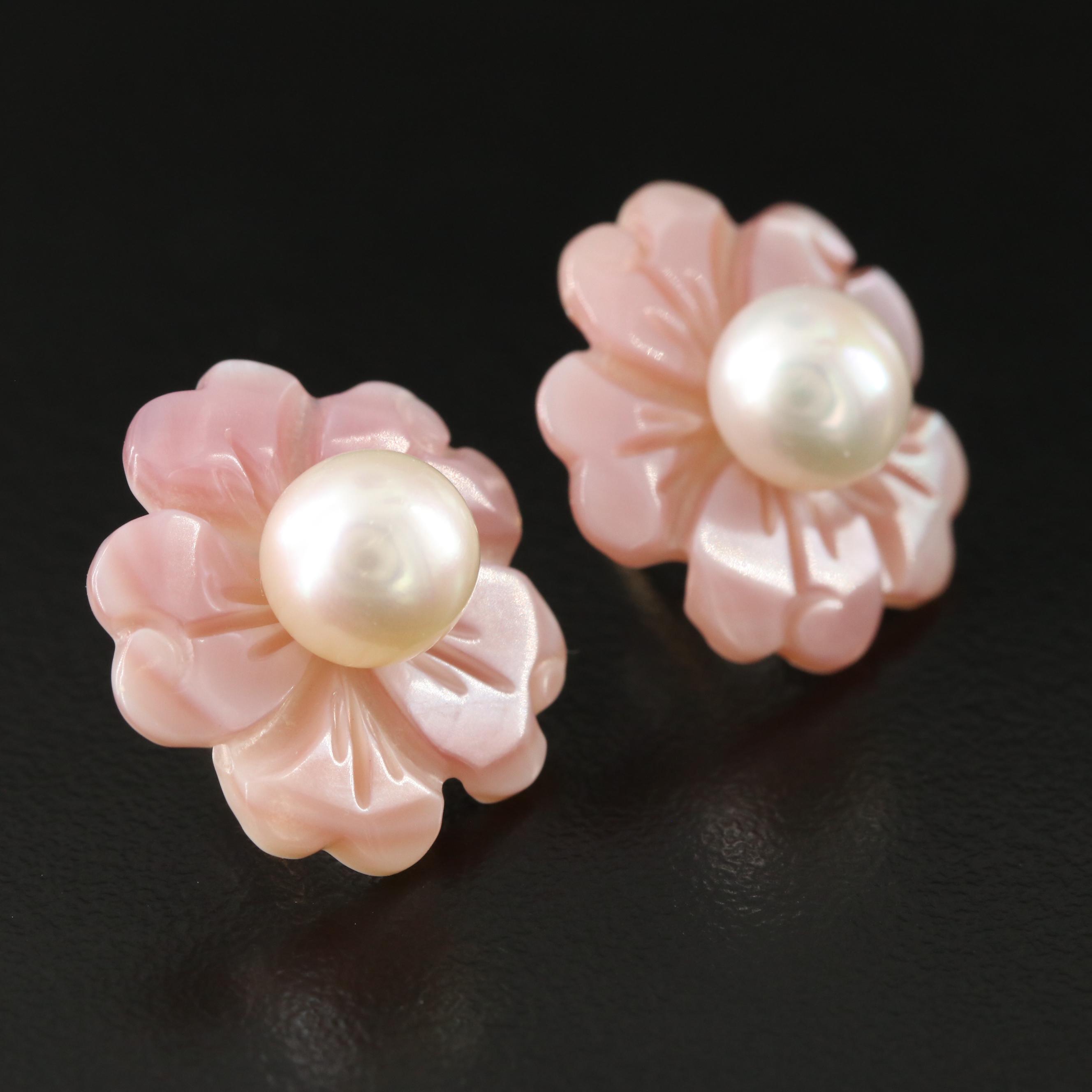 18K Pearl Stud Earrings with Mother-of-Pearl Flower Enhancers