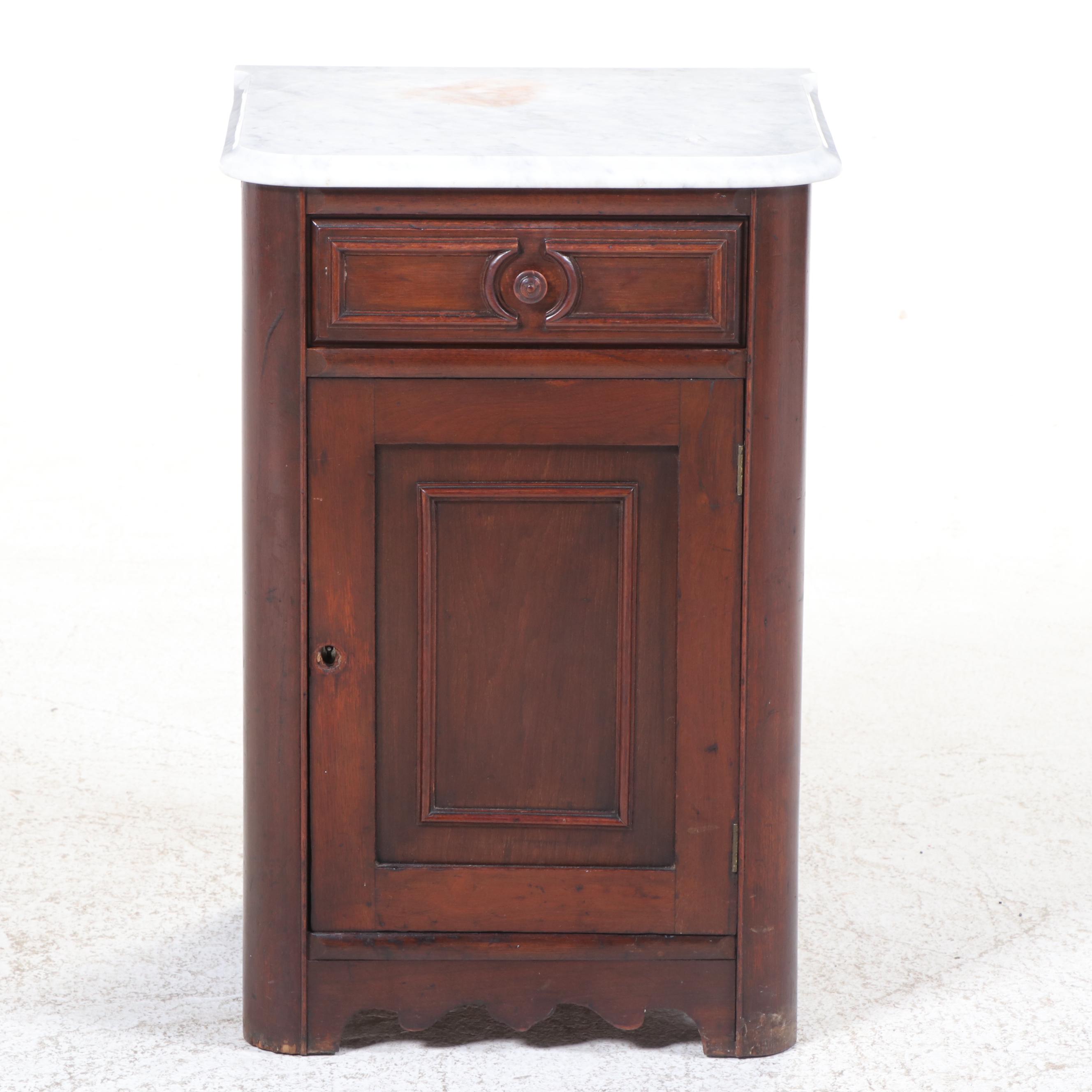 Victorian Marble Top Walnut Nightstand, 19th Century