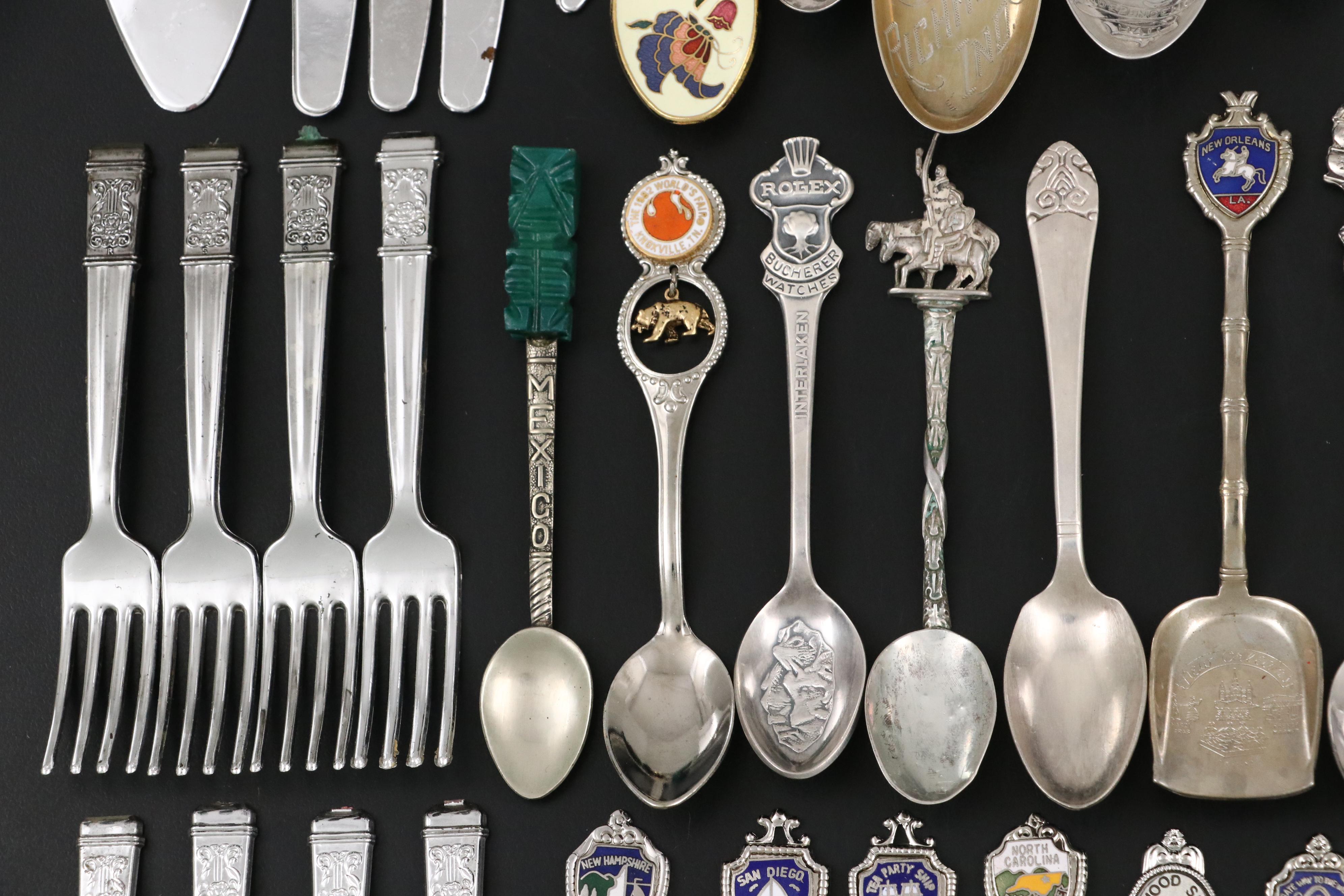 Sterling and Other Souvenir Spoons with Banner Pretend Play Flatware