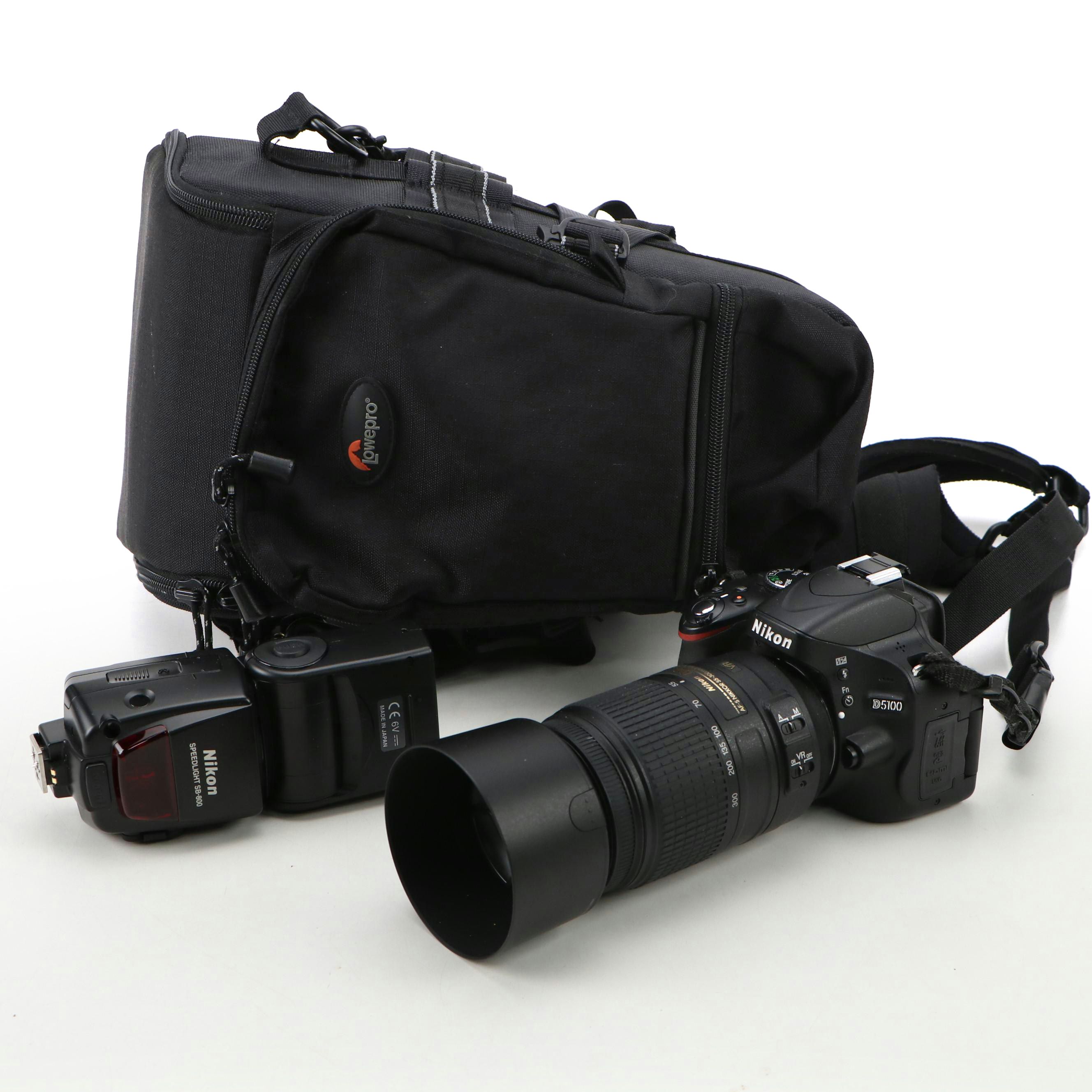 Nikon D5100 SLR Camera with DX AF-S Nikkor 55-300mm Lens, Flash and Bag