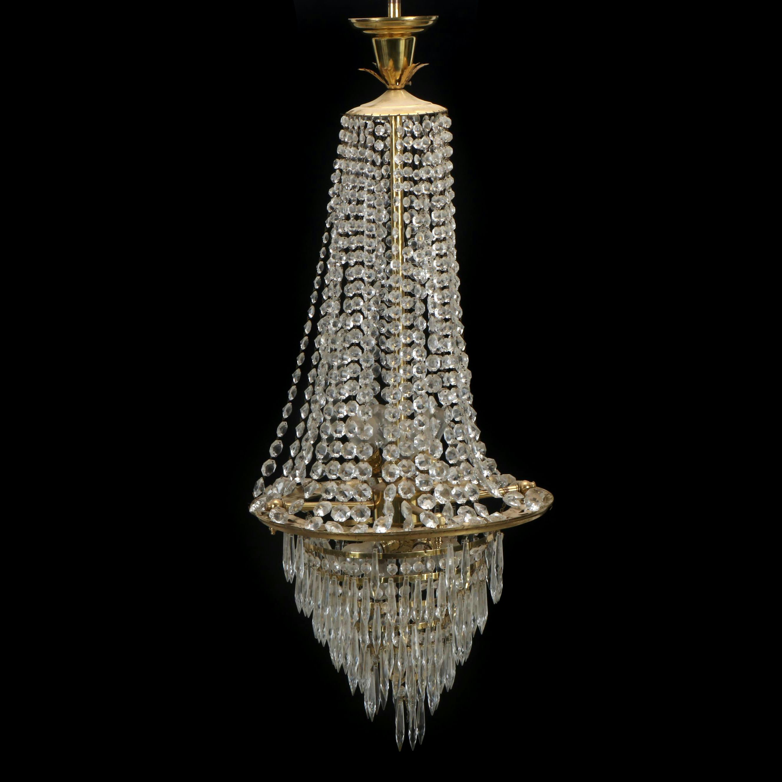 Hollywood Regency Style Traditional Cascading Brass and Crystal Chandelier
