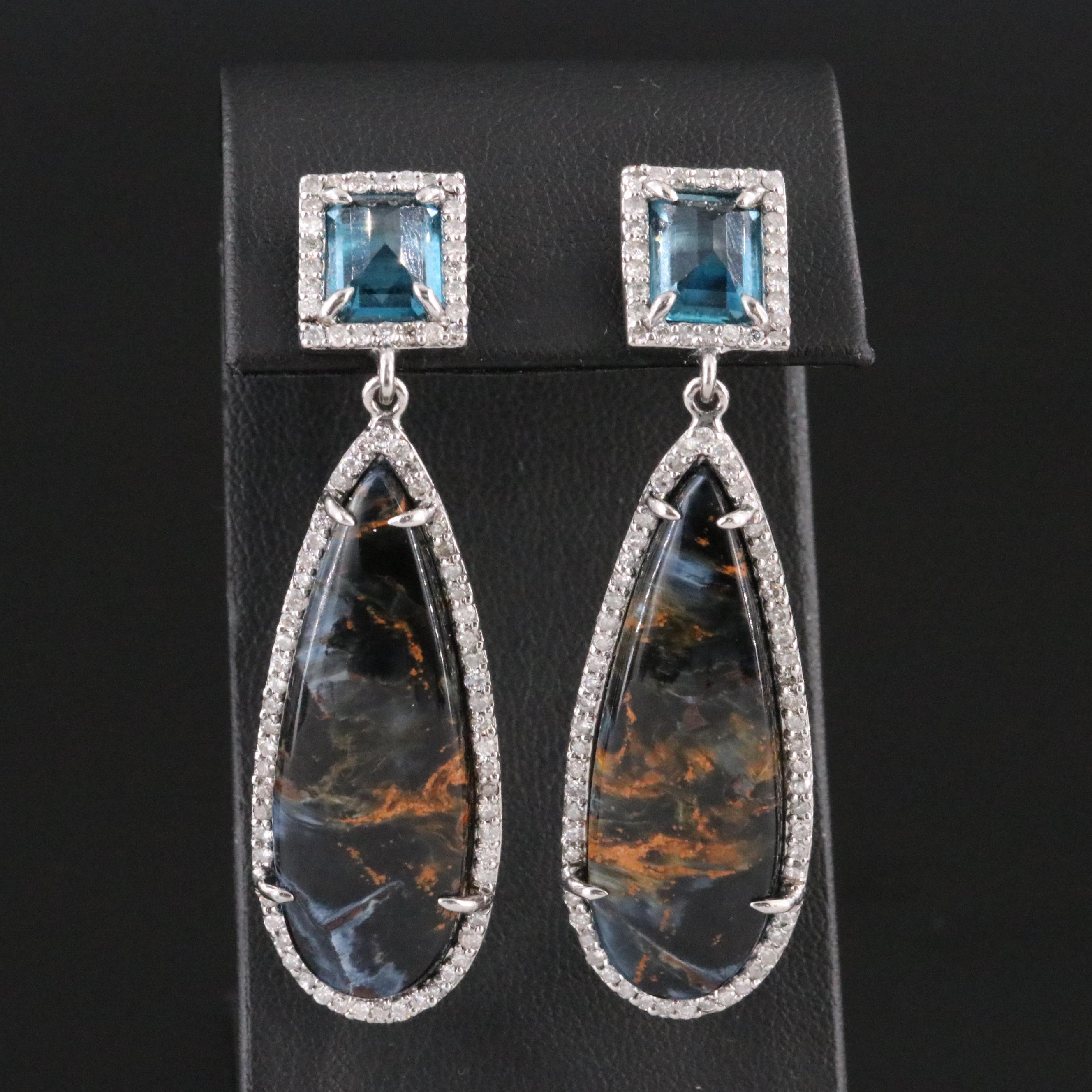 Sterling Pietersite, Topaz and Diamond Drop Earrings