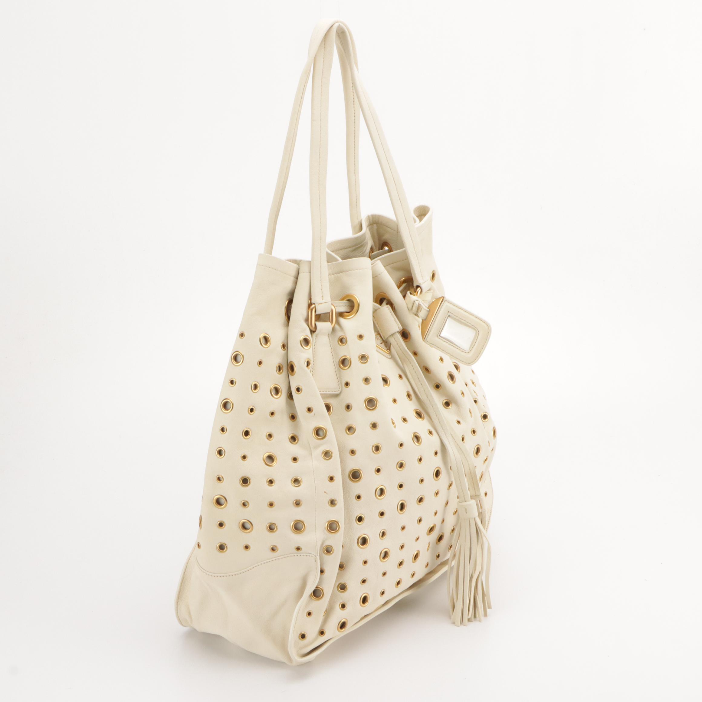 Prada Drawstring Grommet Shopping Tote BR3552 in Cera Antique Leather