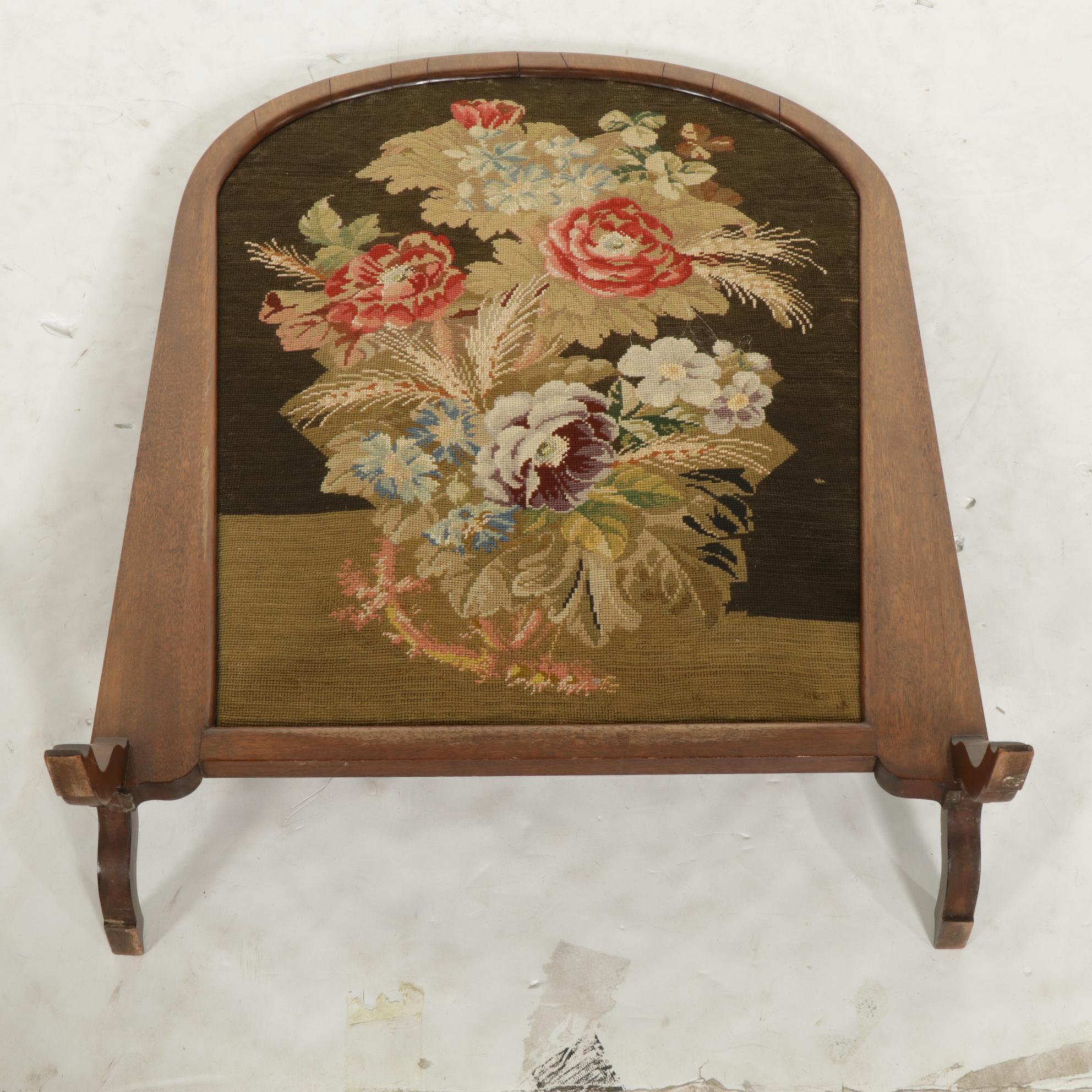 Mahogany Fireplace Screen with Needlepoint Floral Panel, Early 20thCentury