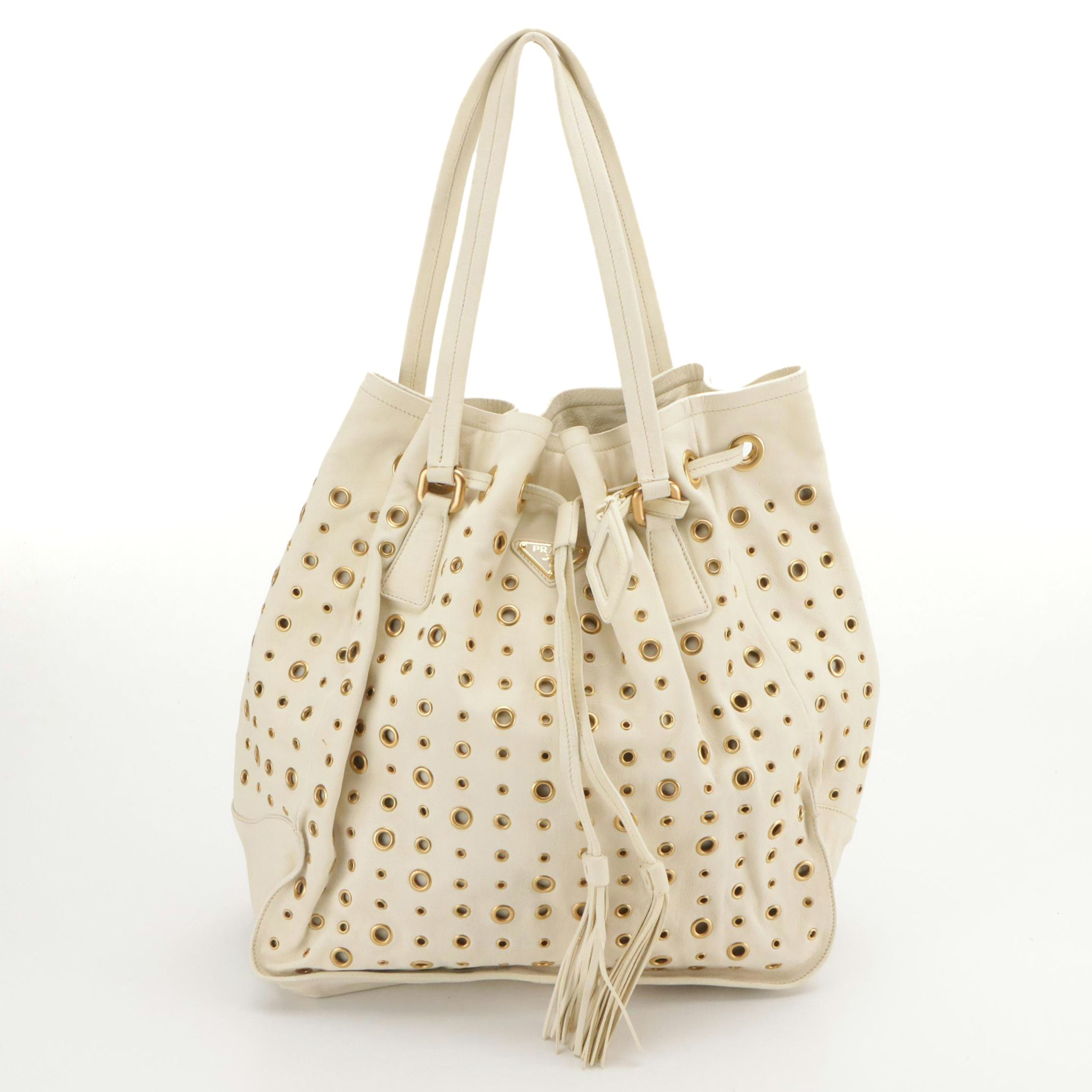 Prada Drawstring Grommet Shopping Tote BR3552 in Cera Antique Leather