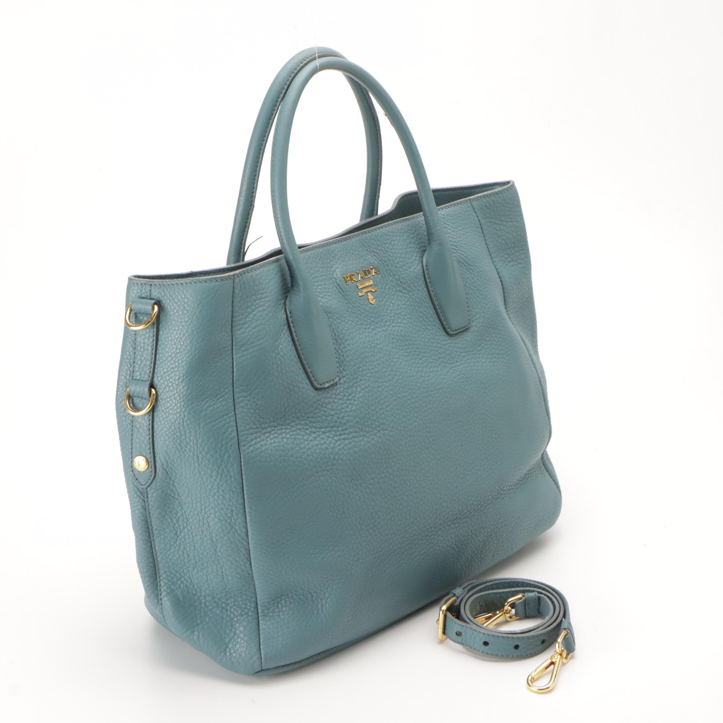 Prada Large Two-Way Tote Bag in Marine Blue Vitello Daino Leather