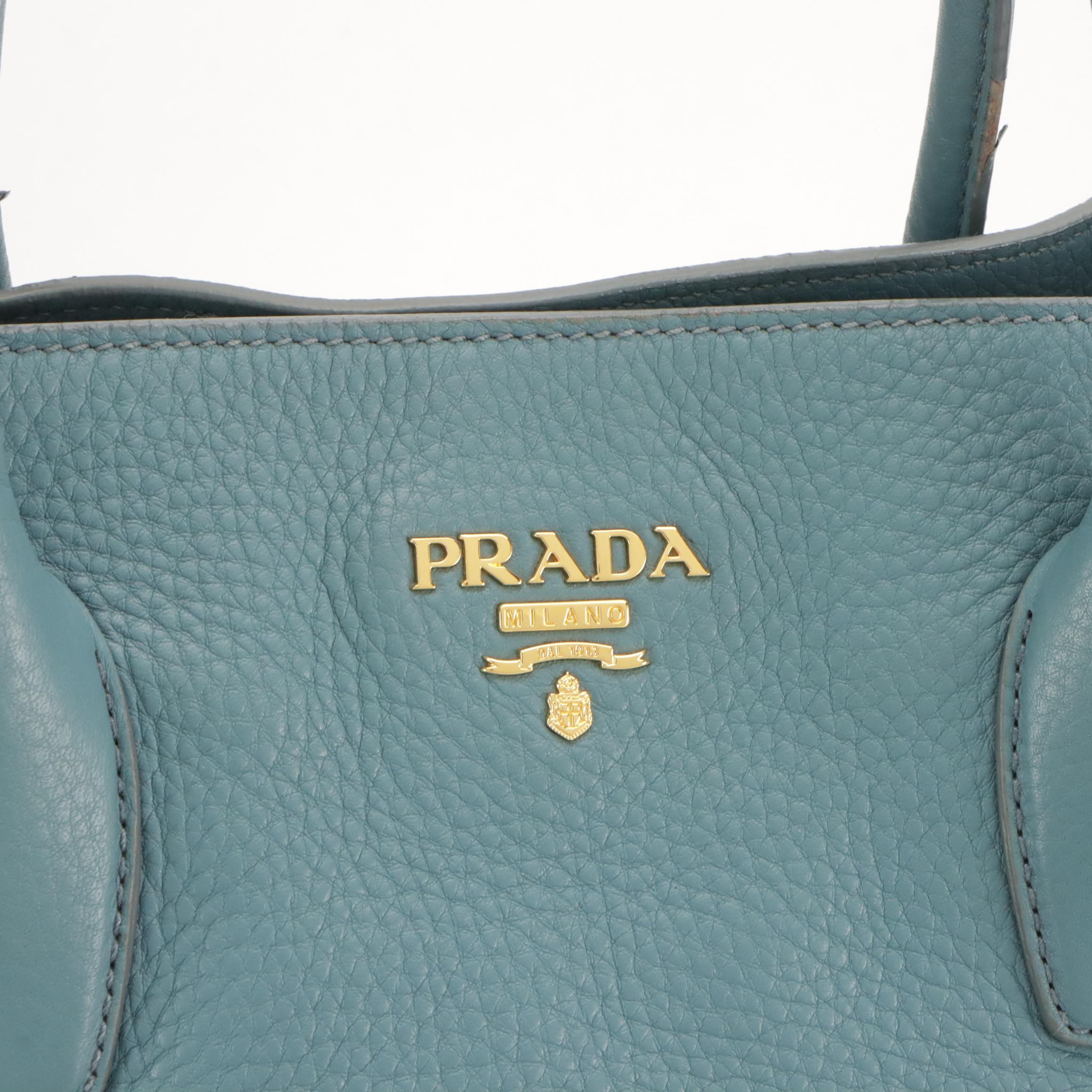 Prada Large Two-Way Tote Bag in Marine Blue Vitello Daino Leather