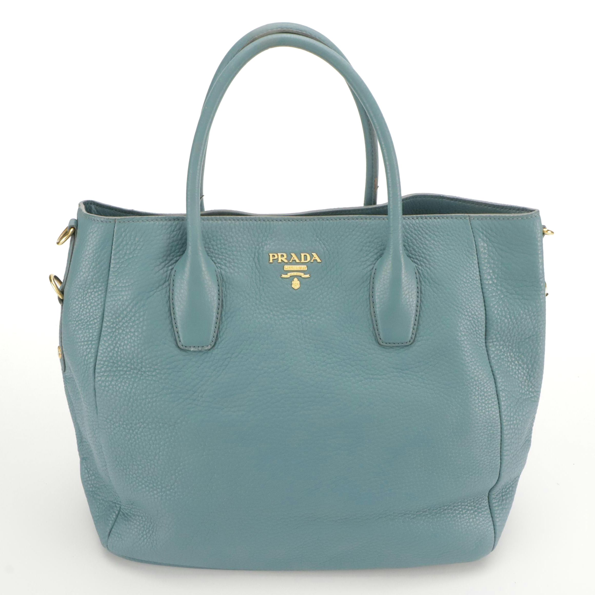 Prada Large Two-Way Tote Bag in Marine Blue Vitello Daino Leather