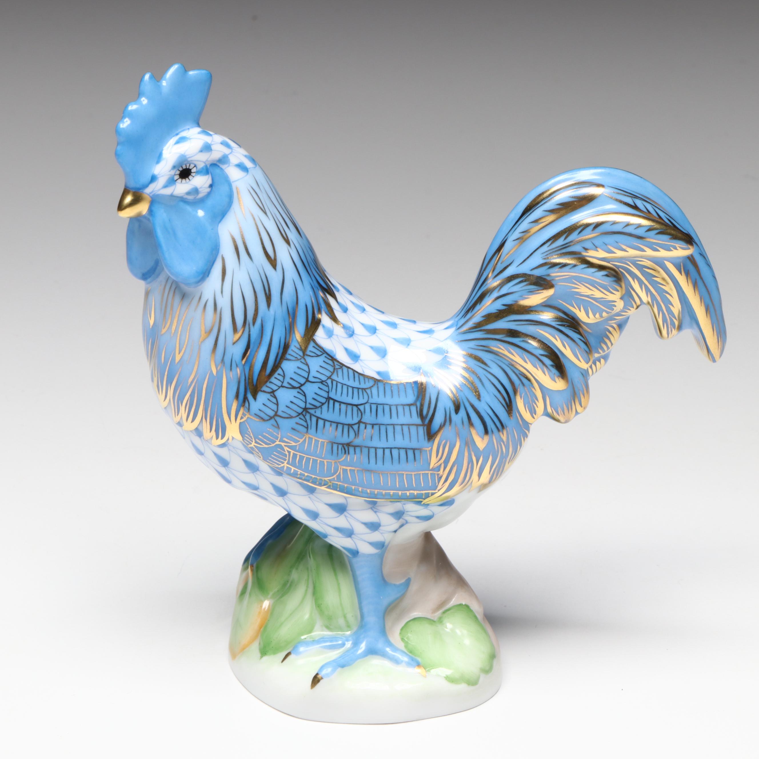 Herend Sapphire Fishnet with Gold "Proud Rooster" Porcelain Figurine