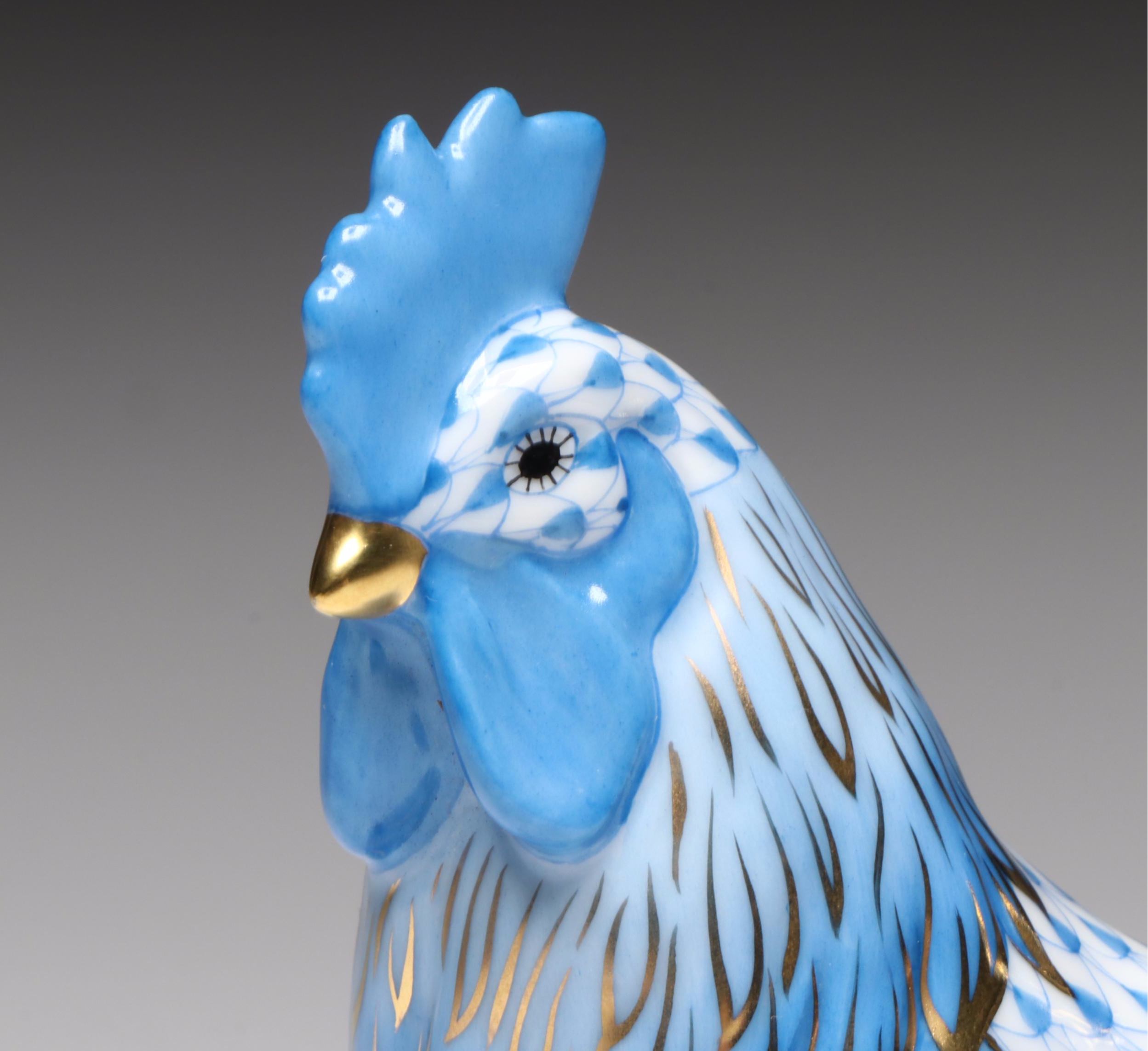 Herend Sapphire Fishnet with Gold "Proud Rooster" Porcelain Figurine
