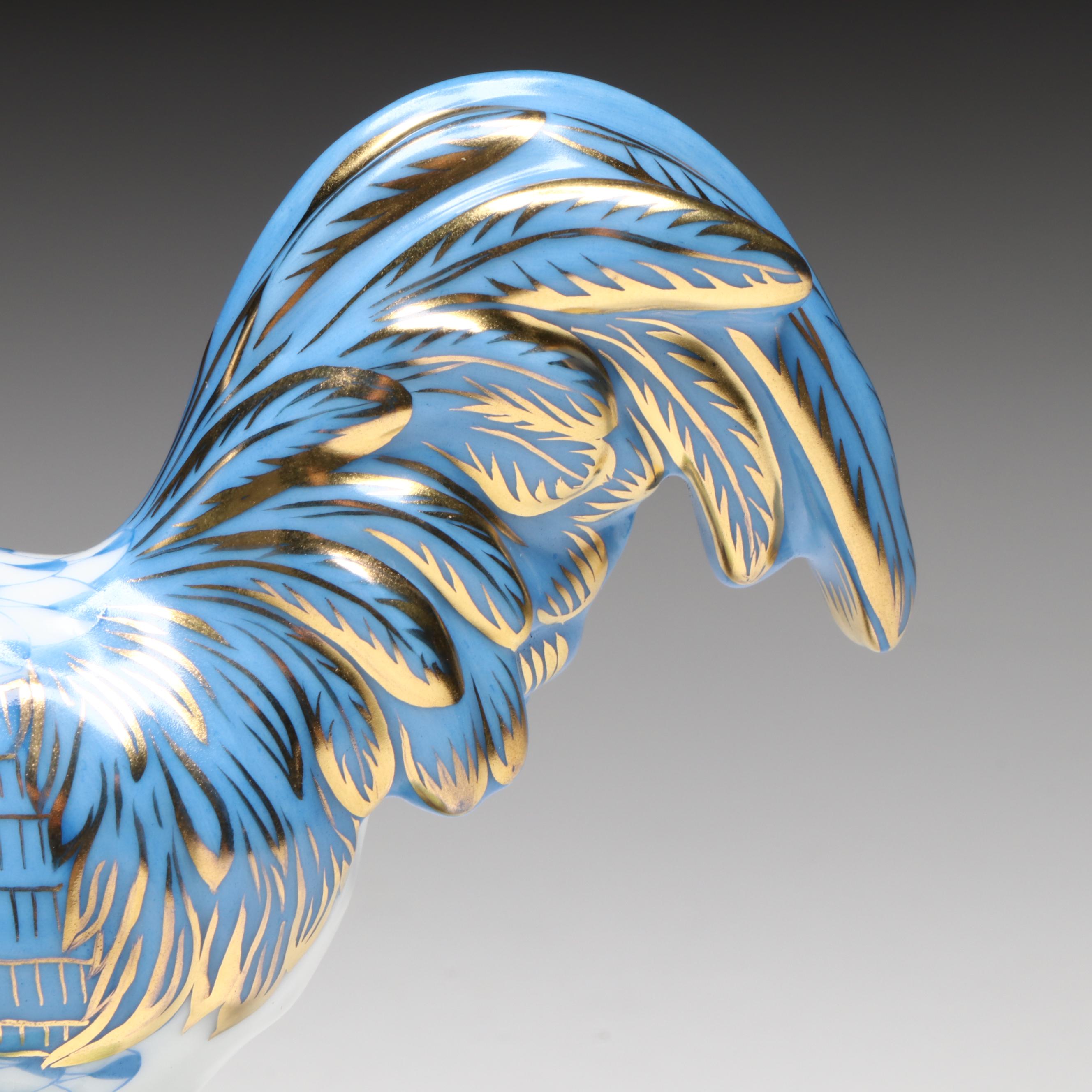 Herend Sapphire Fishnet with Gold "Proud Rooster" Porcelain Figurine