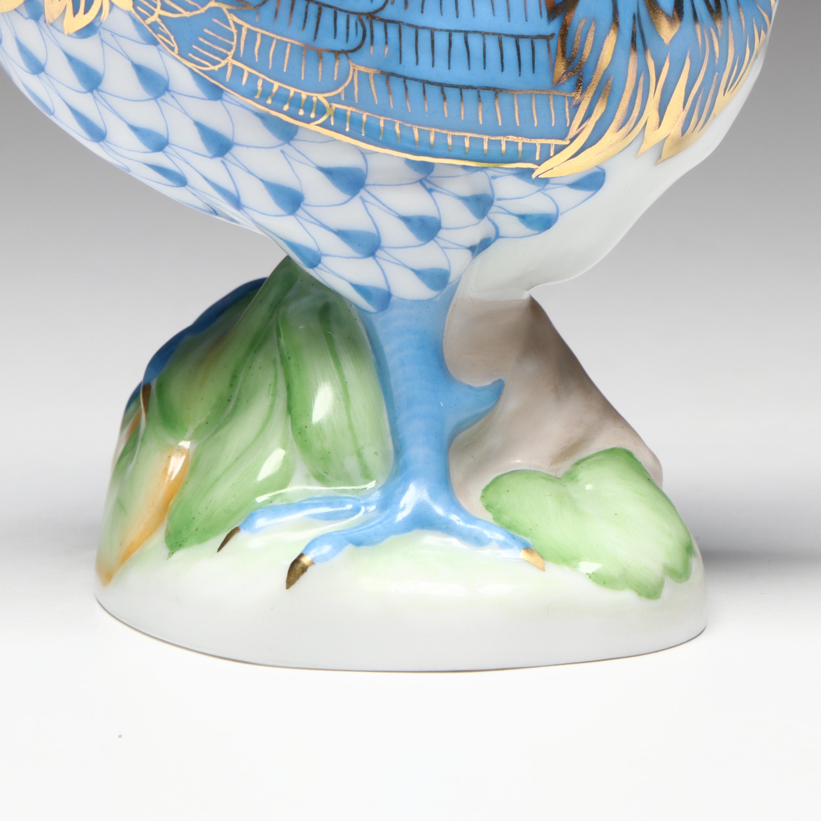 Herend Sapphire Fishnet with Gold "Proud Rooster" Porcelain Figurine