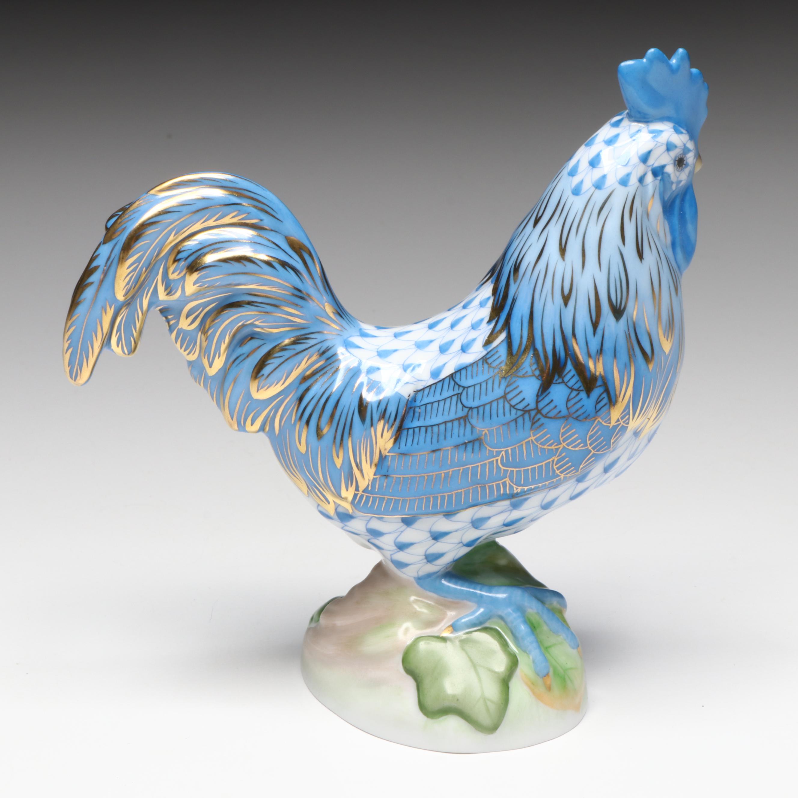 Herend Sapphire Fishnet with Gold "Proud Rooster" Porcelain Figurine