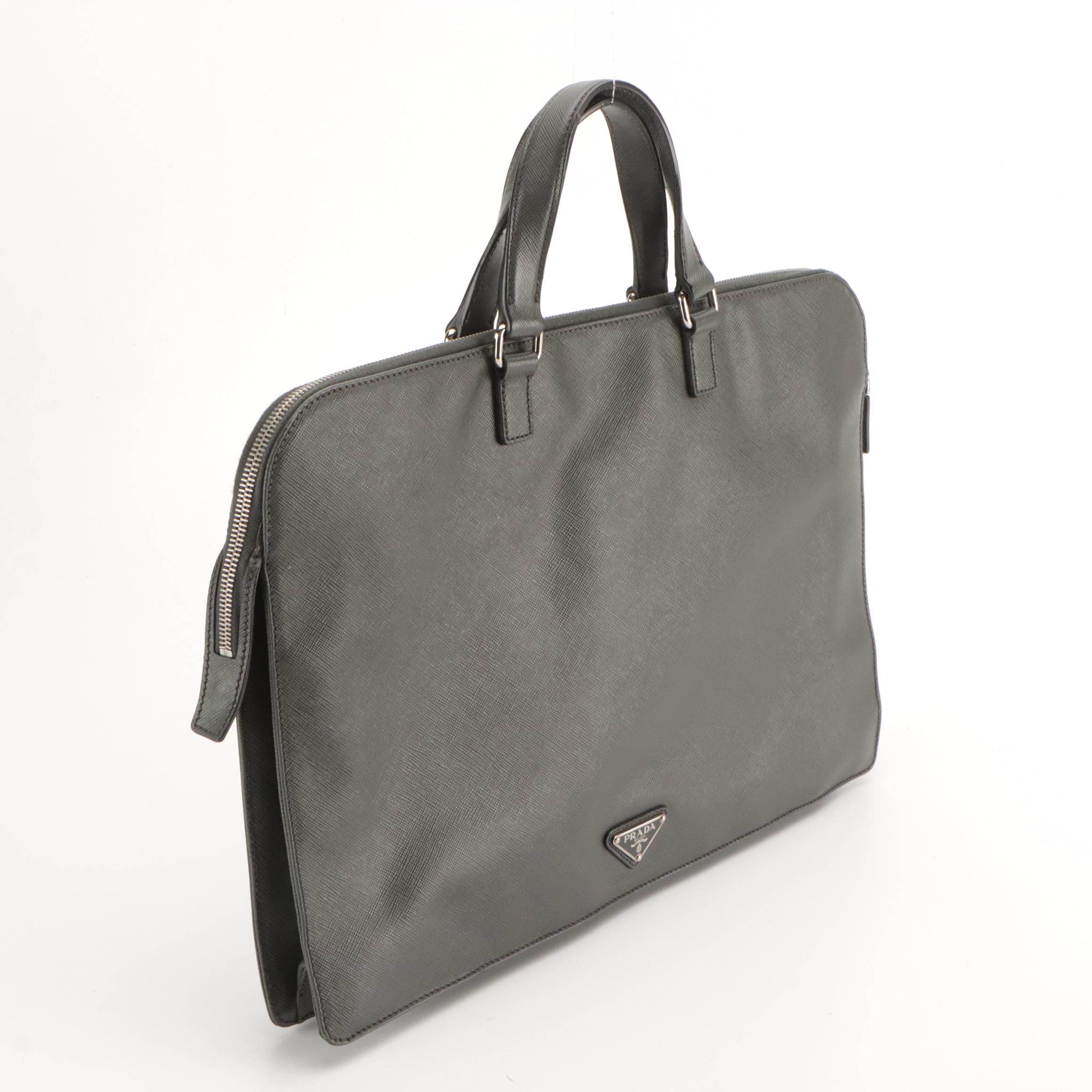 Prada Double Zip Business Briefcase in Charcoal Grey Saffiano Leather