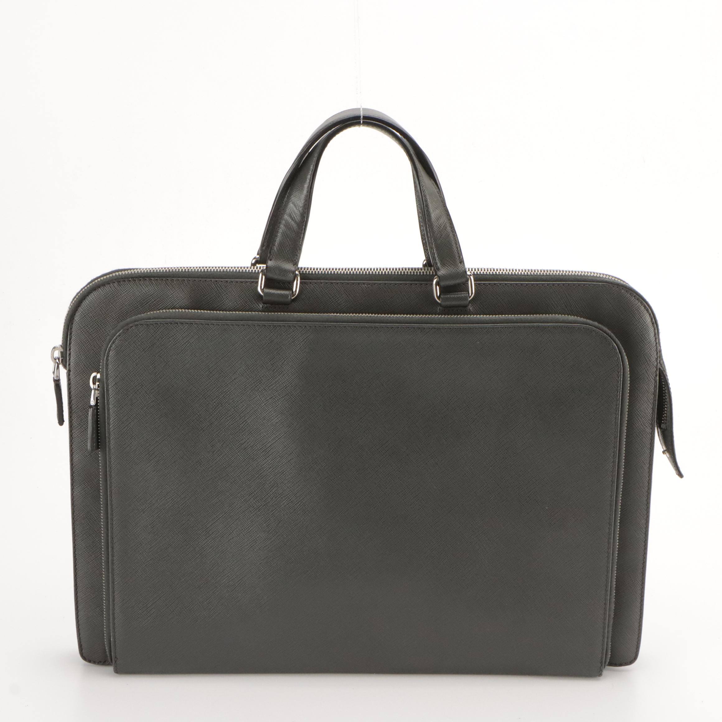 Prada Double Zip Business Briefcase in Charcoal Grey Saffiano Leather