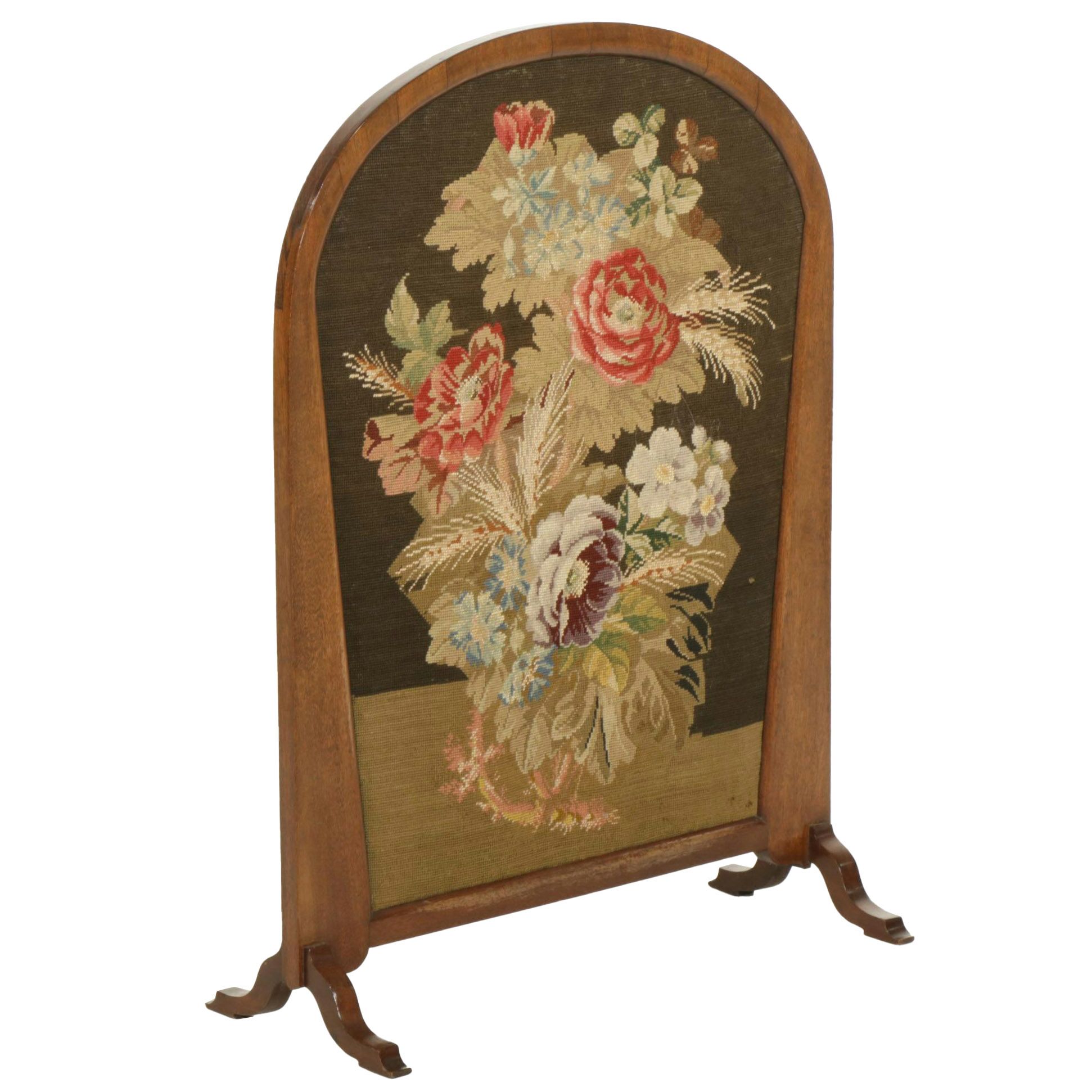 Mahogany Fireplace Screen with Needlepoint Floral Panel, Early 20thCentury