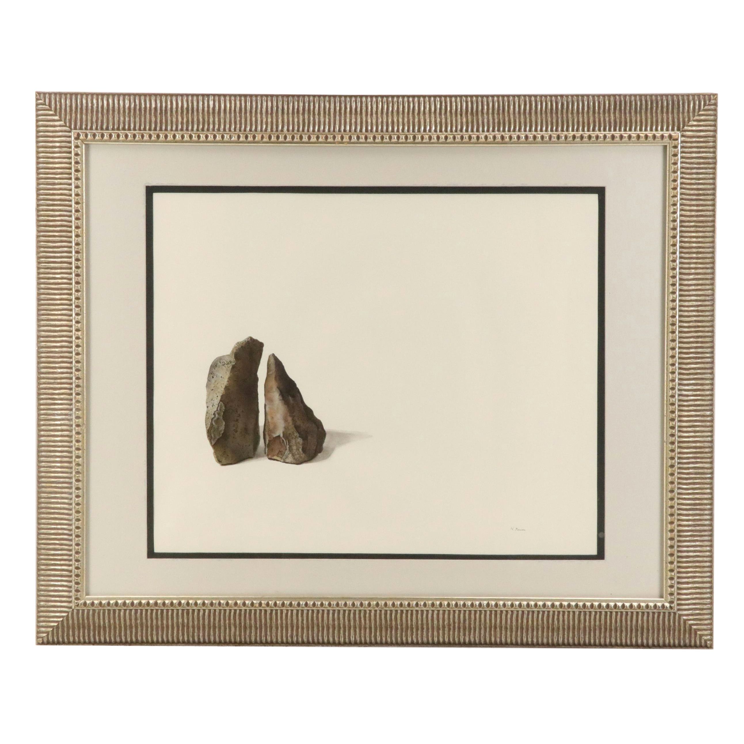 N. Romen Minimalist Watercolor Painting of Two Rocks, 21st Century