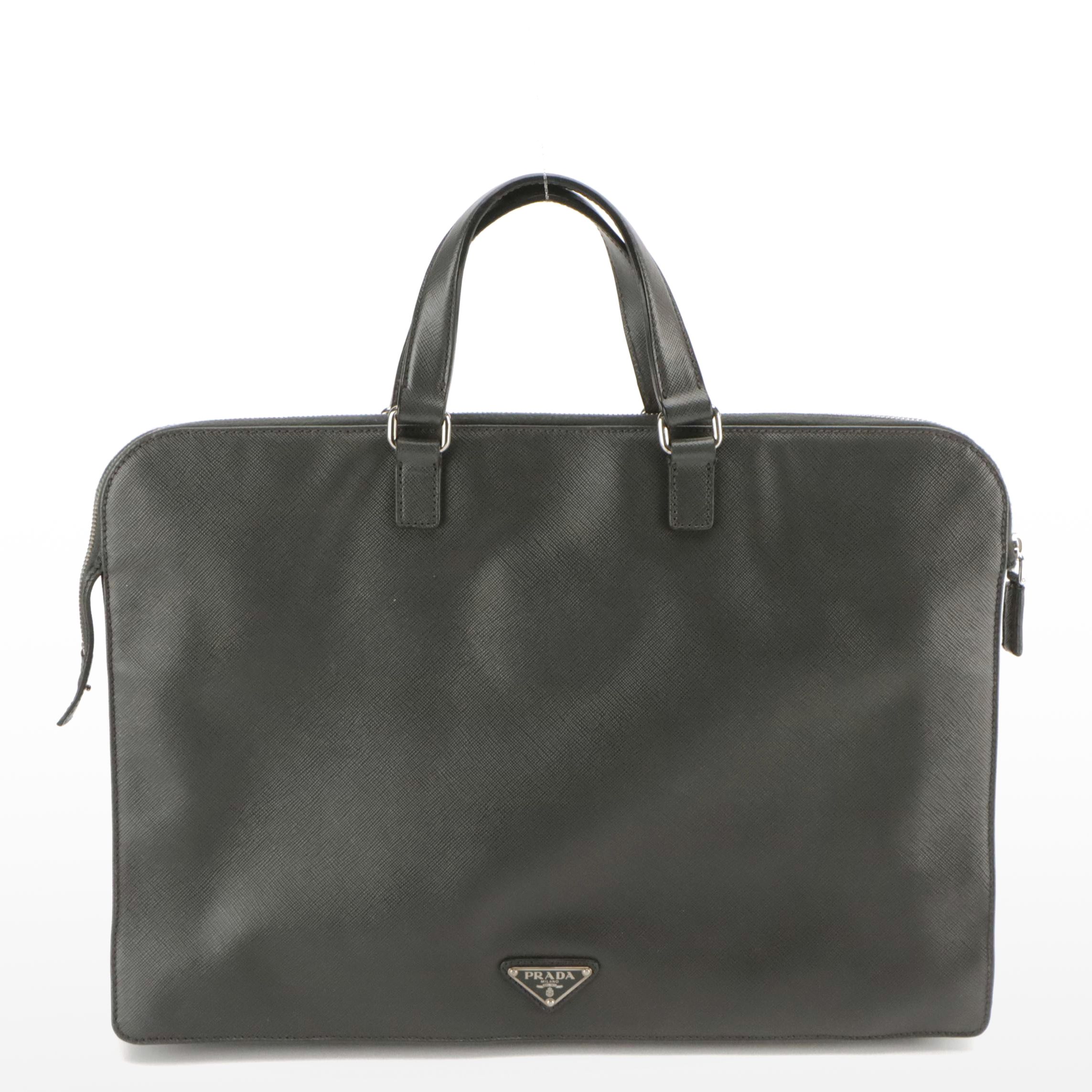 Prada Double Zip Business Briefcase in Charcoal Grey Saffiano Leather