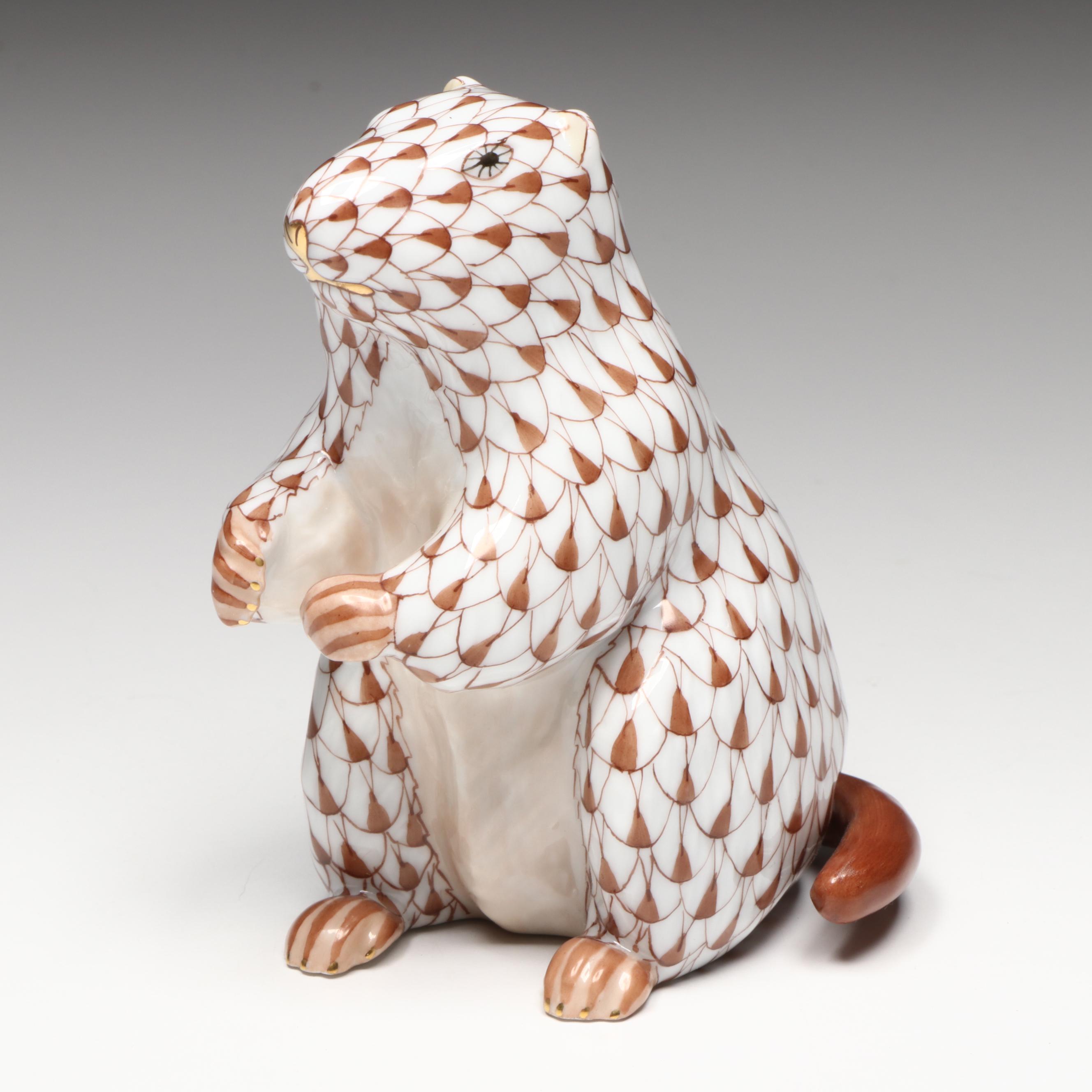 Herend Chocolate Fishnet with Gold "Groundhog" Porcelain Figurine