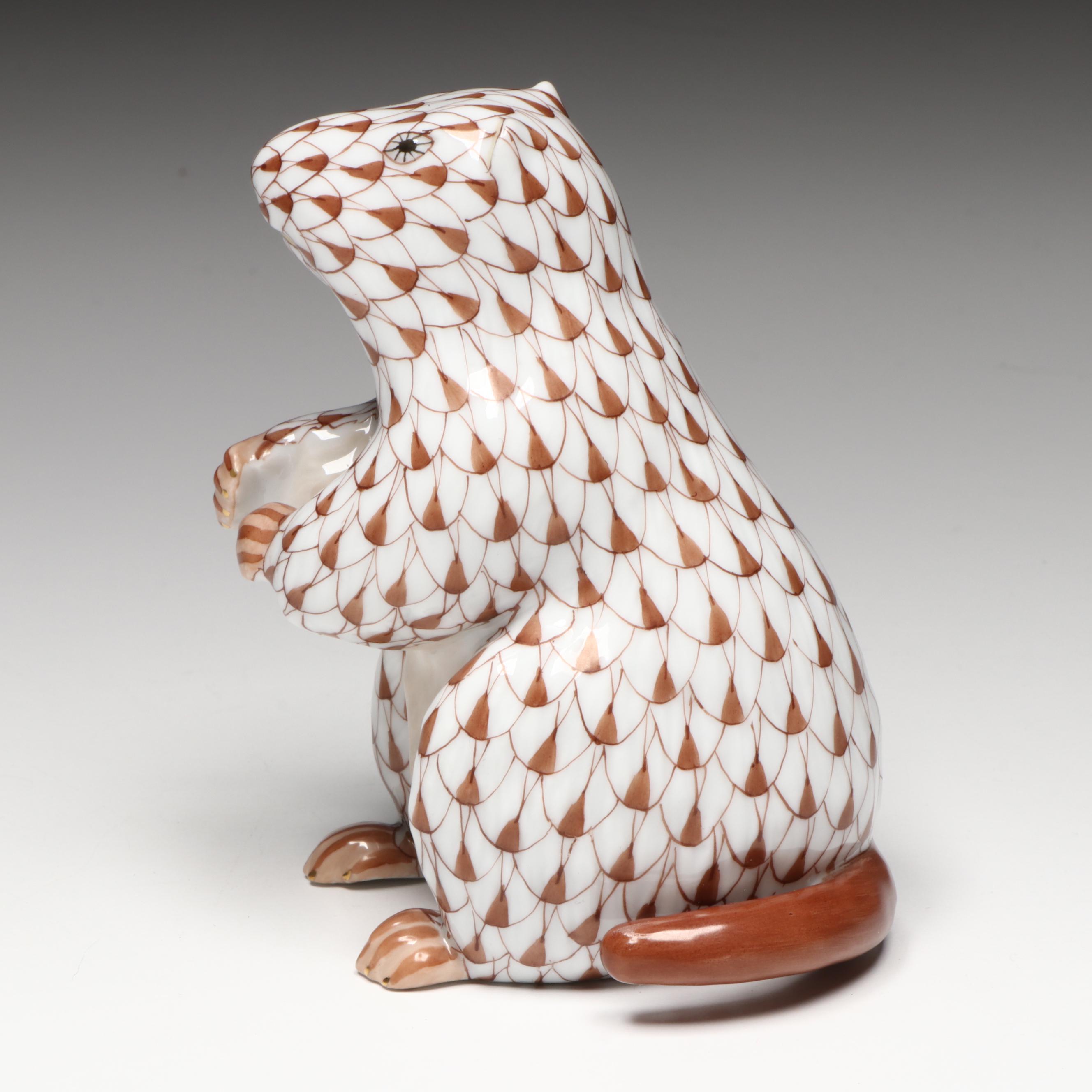 Herend Chocolate Fishnet with Gold "Groundhog" Porcelain Figurine