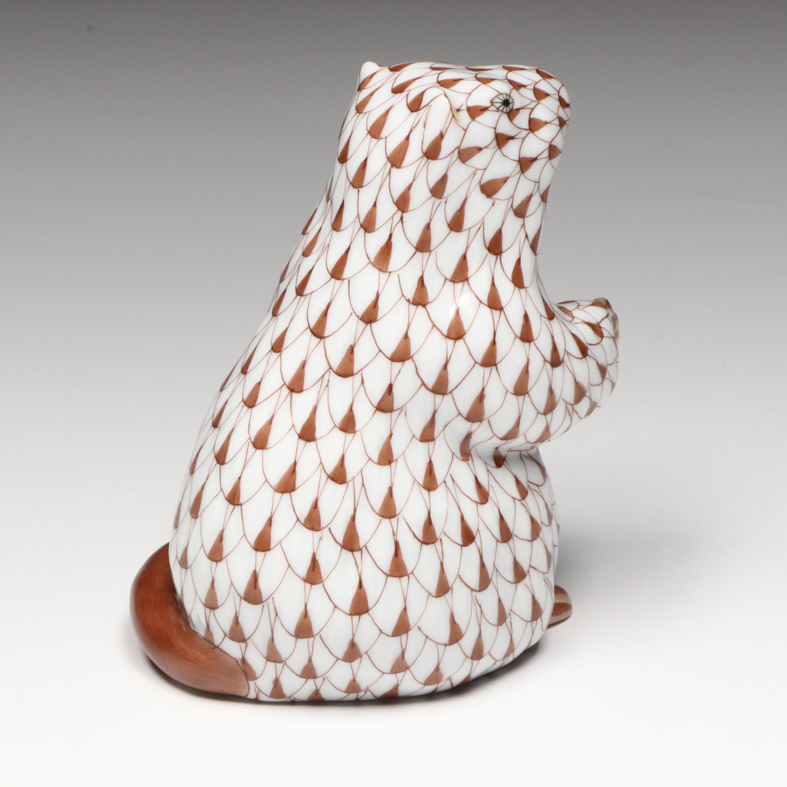 Herend Chocolate Fishnet with Gold "Groundhog" Porcelain Figurine