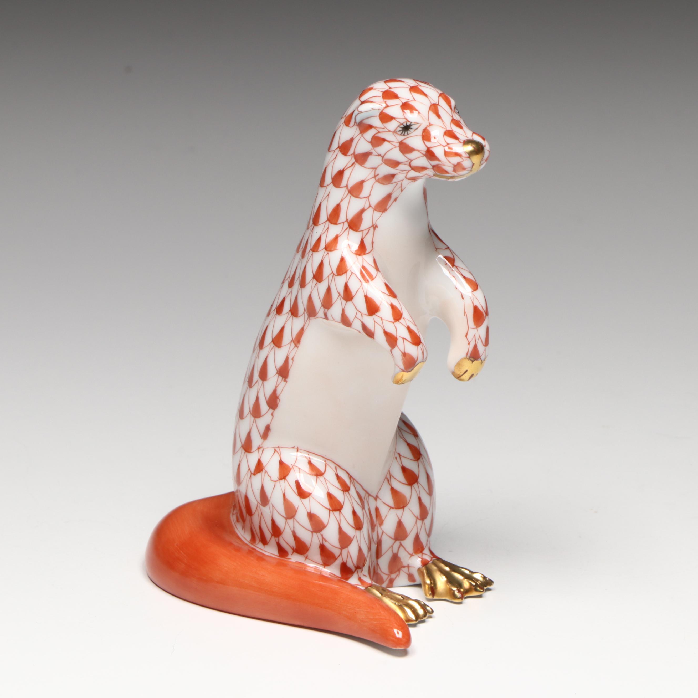 Herend Rust Fishnet with Gold "Standing Sea Otter" Porcelain Figurine