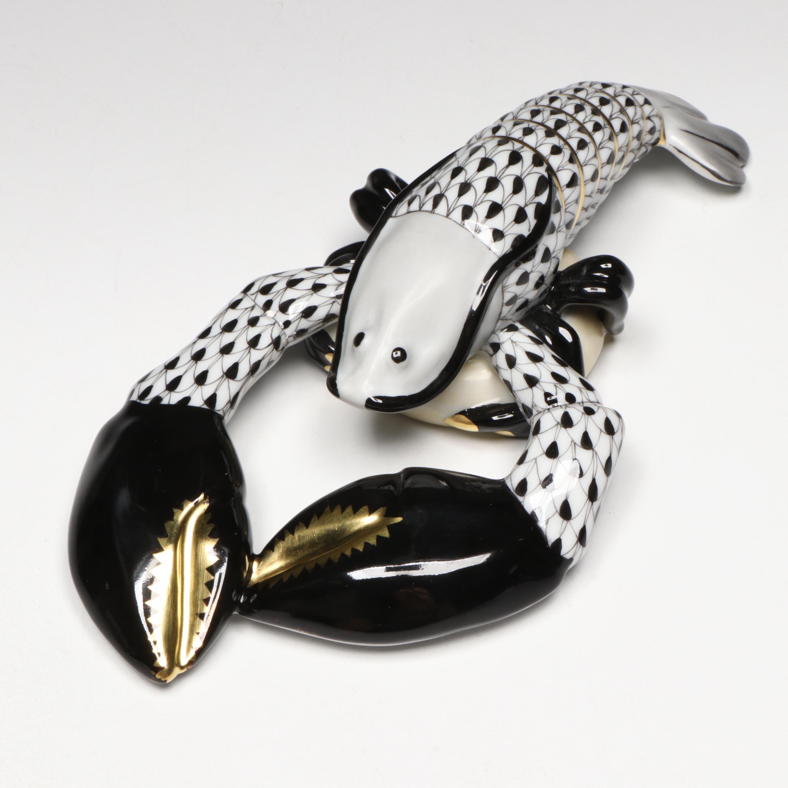 Herend Black Fishnet with Gold "Small Lobster" Porcelain Figurine