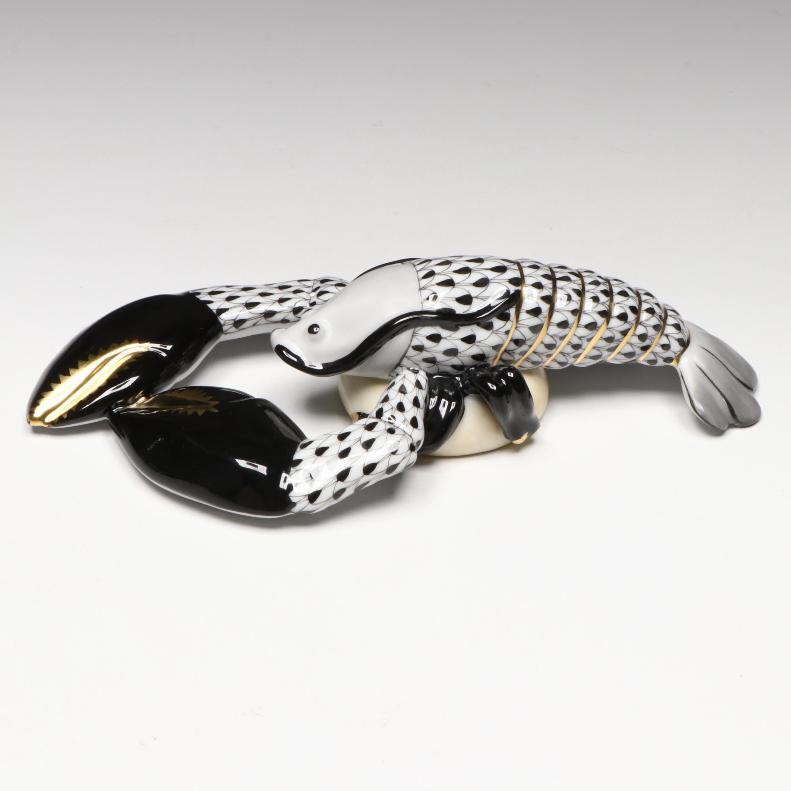 Herend Black Fishnet with Gold "Small Lobster" Porcelain Figurine
